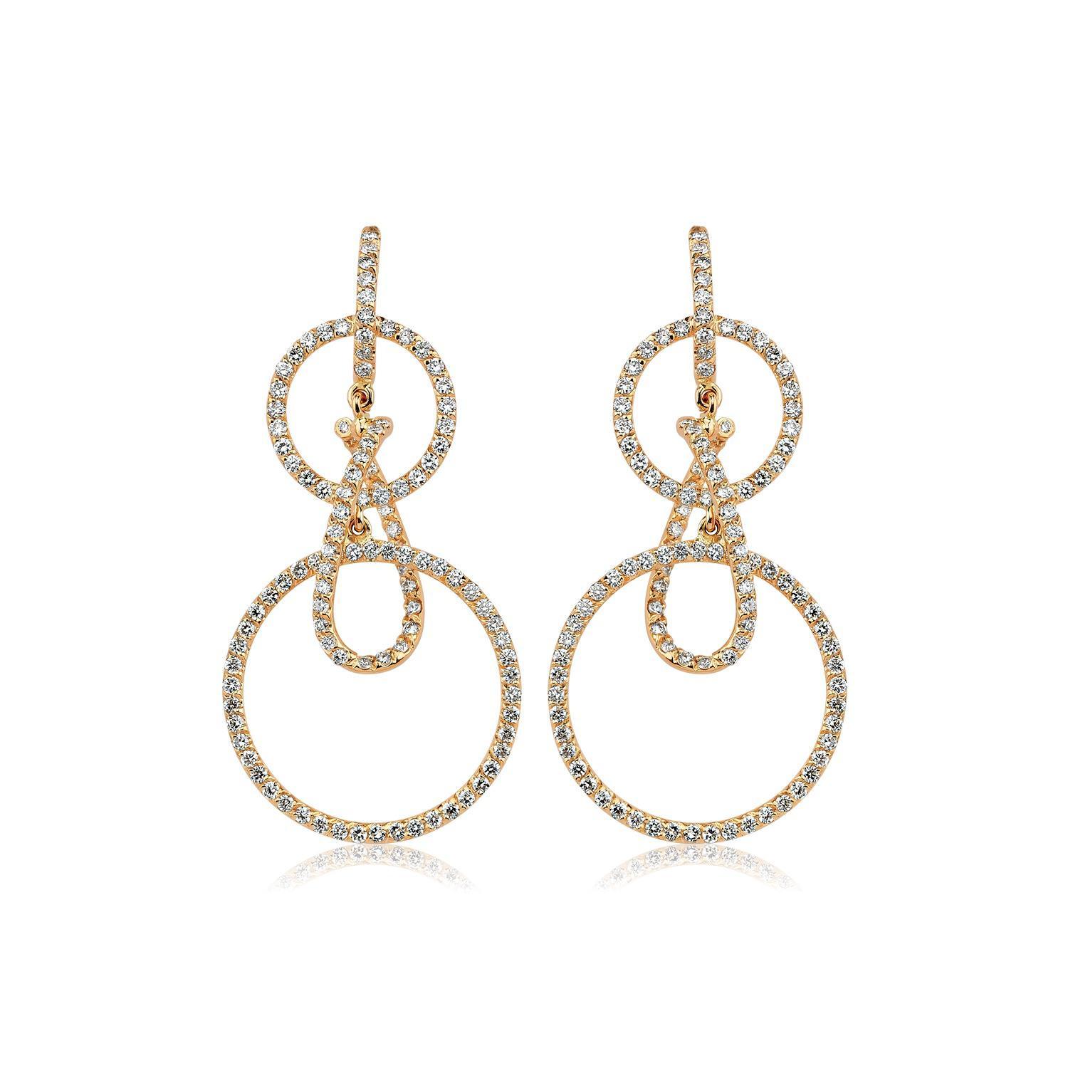 Round Cut 18k Gold Concentric Dangle Earrings For Sale