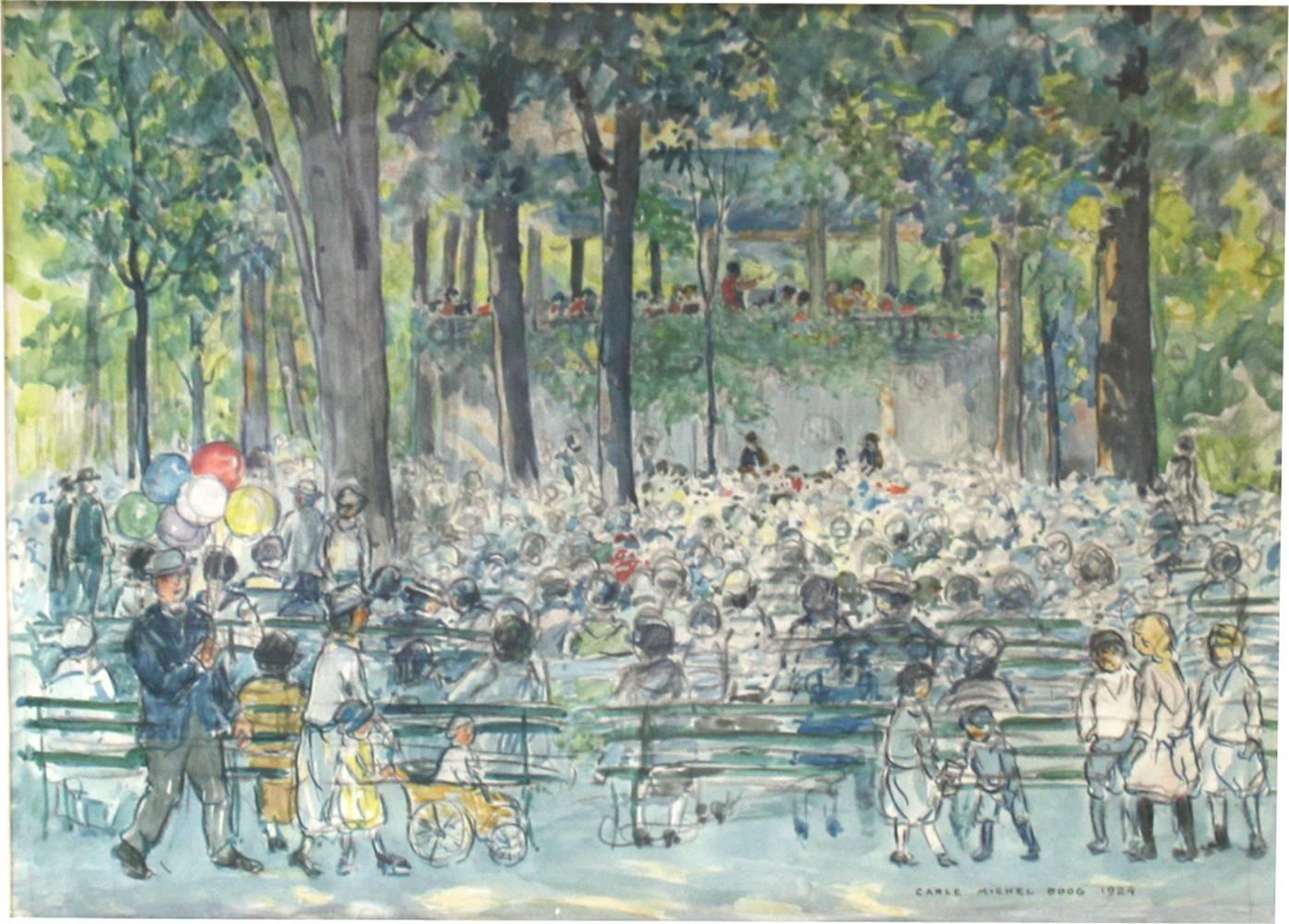 This beautiful watercolor depicts a scene from 1924, of a concert in Central Park. Translucent colors of greens and blues depict the conductor and his band performing in the Central Park band stand for a variety of listeners. A man at the lower left