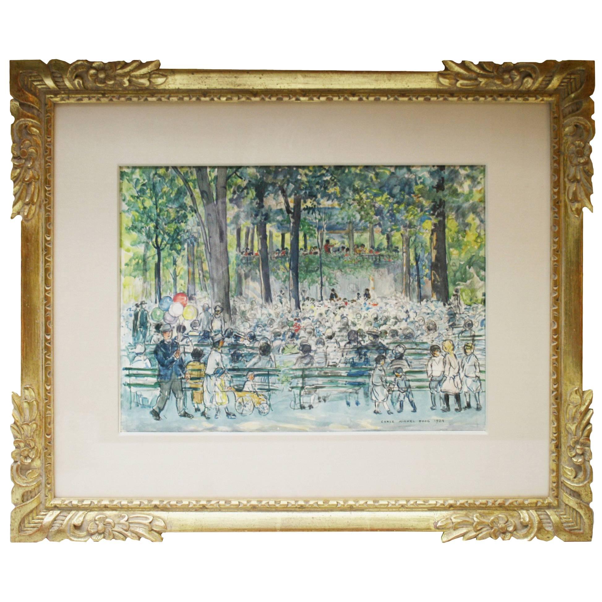 „Concert in Central Park“, ein Aquarell von Carle Michel Boog im Angebot