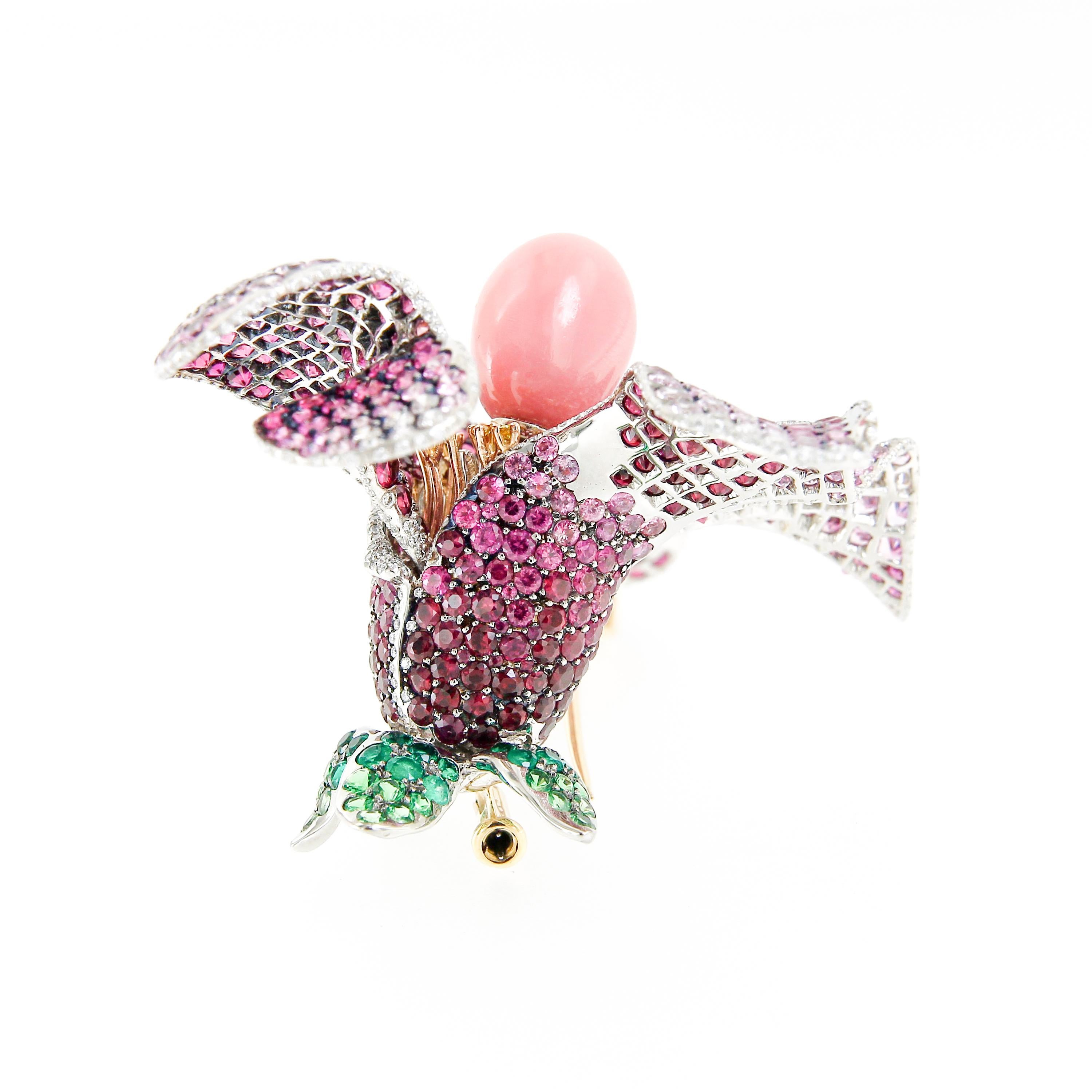 AENEA GIA Cert. 7.75ct. Conch Pearl 18k Gold Rubies Diamonds Trembling Brooch For Sale 5