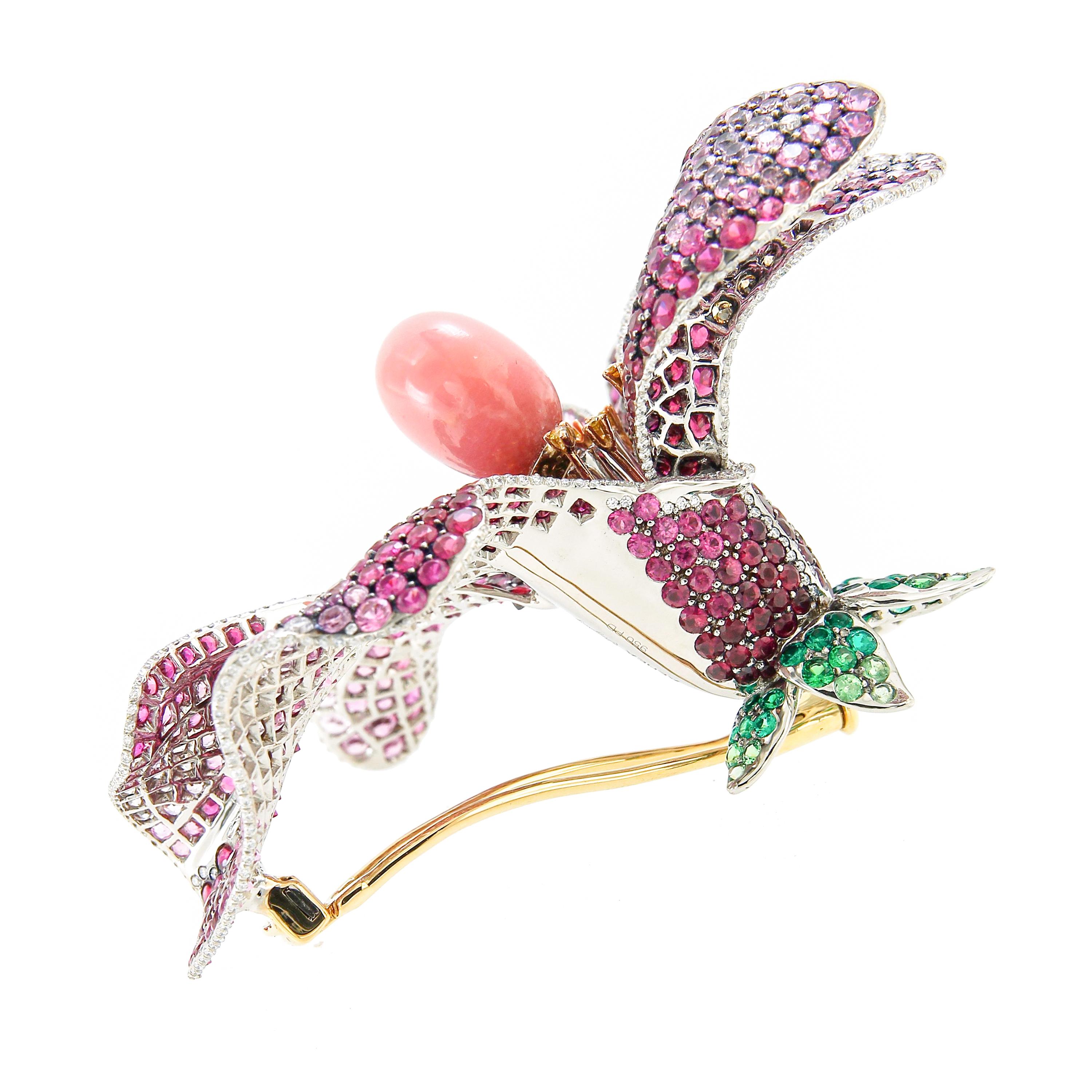 AENEA GIA Cert. 7.75ct. Conch Pearl 18k Gold Rubies Diamonds Trembling Brooch For Sale 6