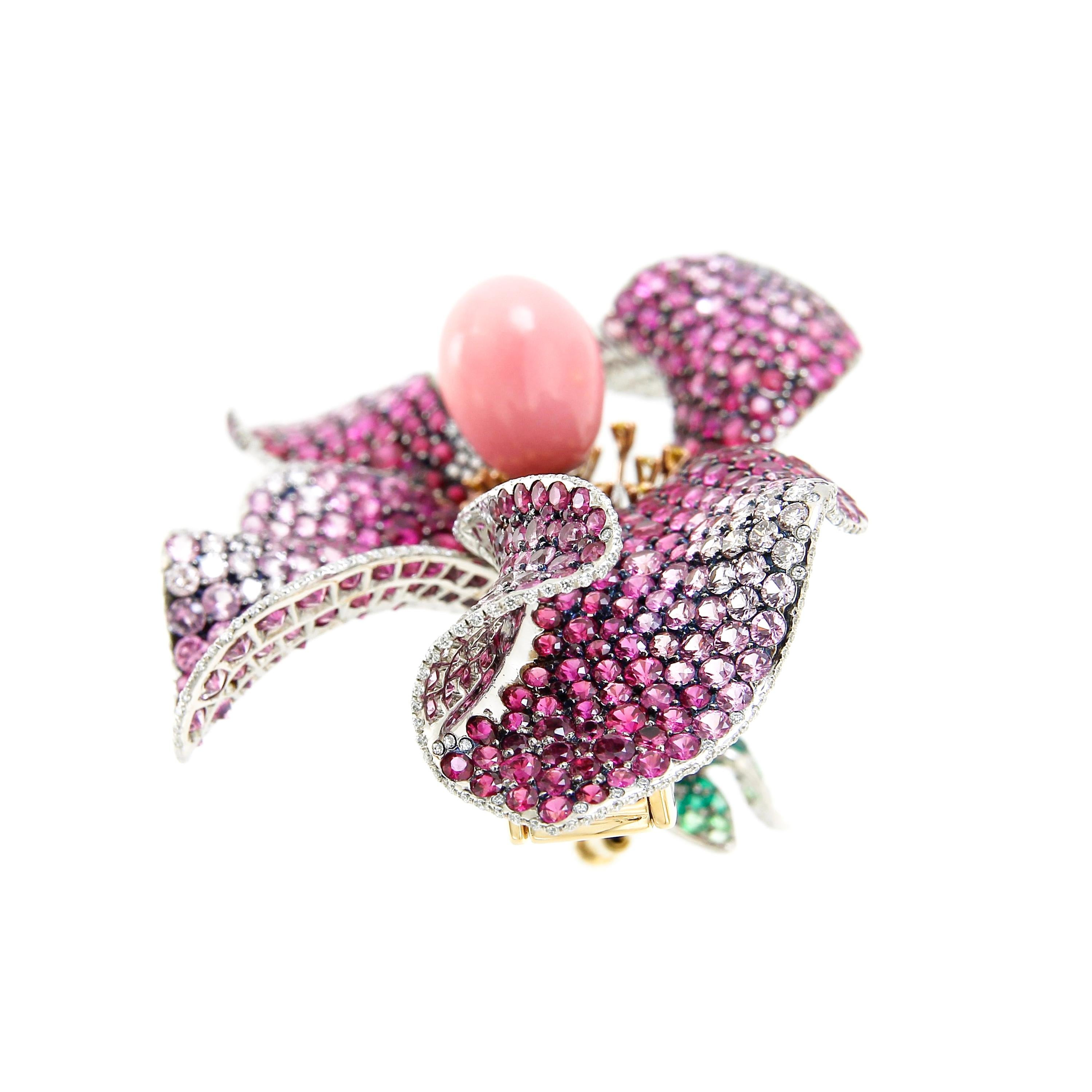 AENEA GIA Cert. 7.75ct. Conch Pearl 18k Gold Rubies Diamonds Trembling Brooch For Sale 1