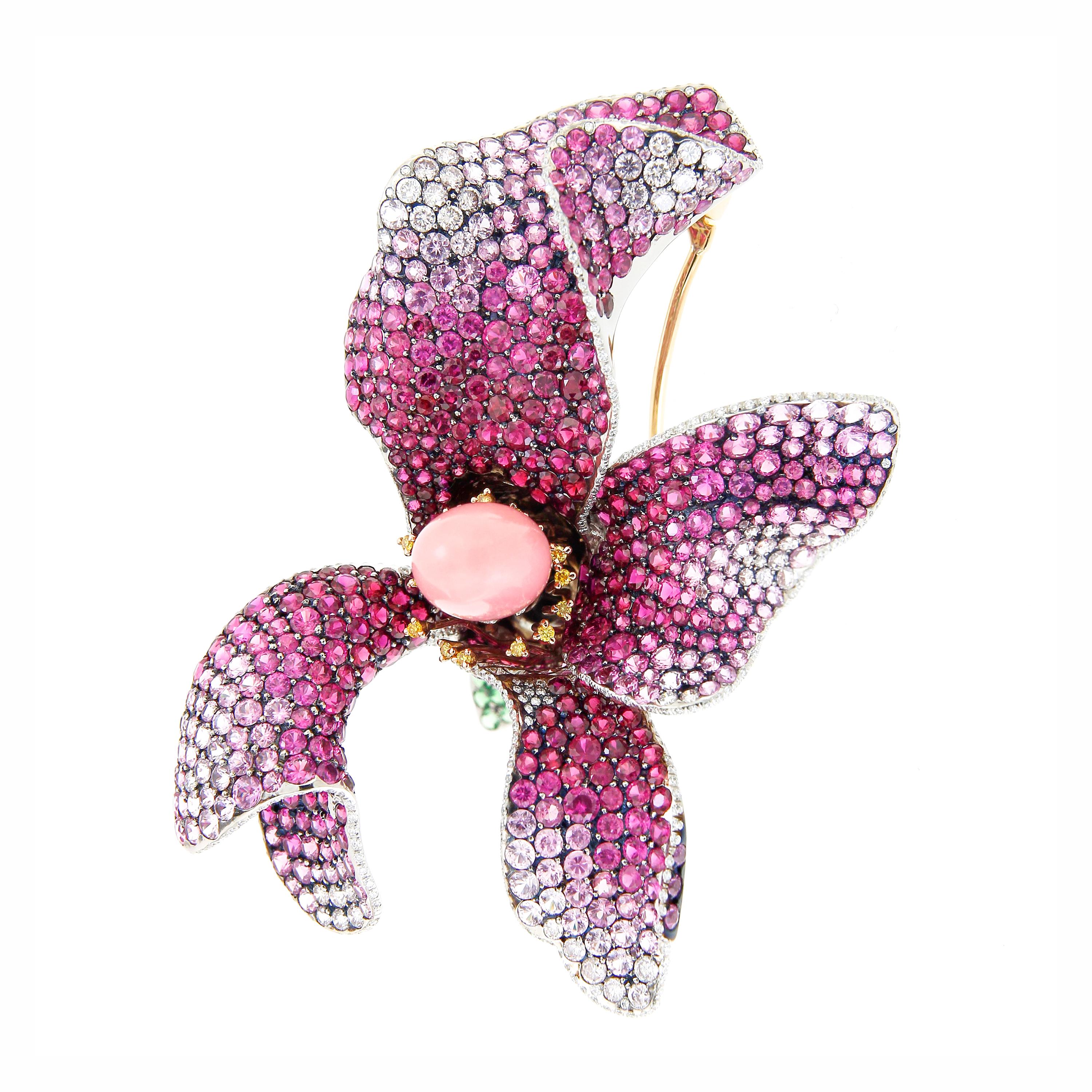 AENEA GIA Cert. 7.75ct. Conch Pearl 18k Gold Rubies Diamonds Trembling Brooch For Sale 2
