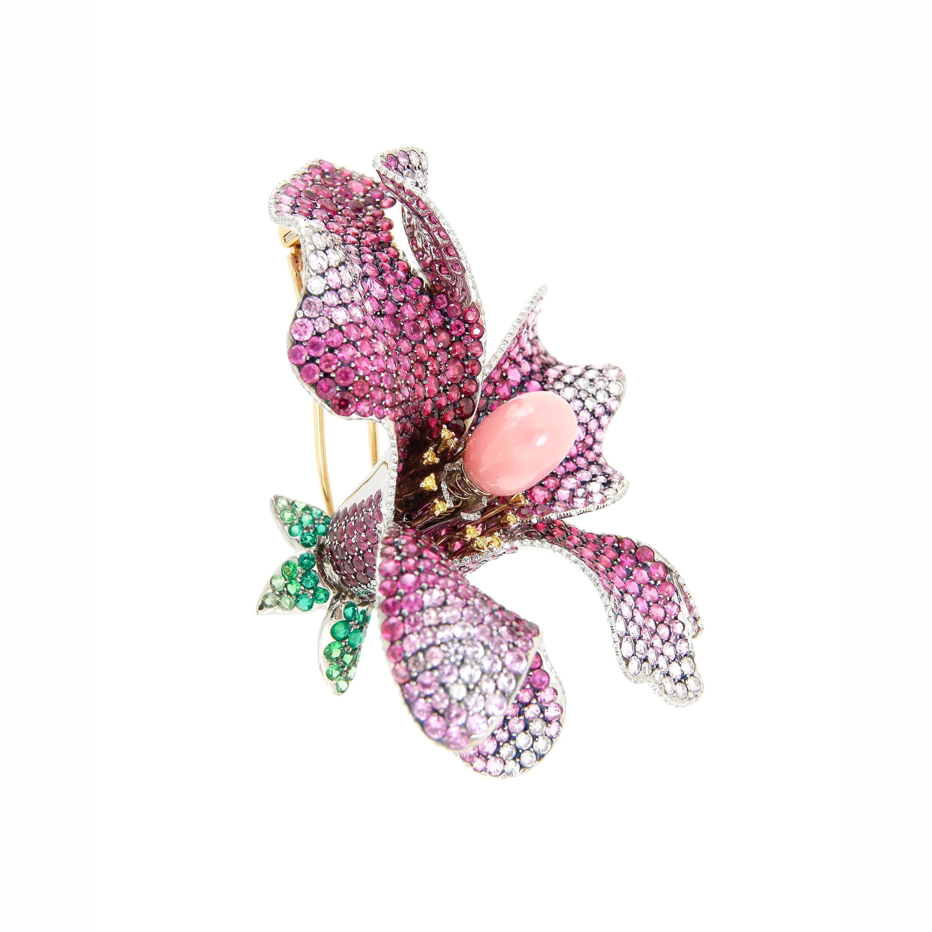 AENEA GIA Cert. 7.75ct. Conch Pearl 18k Gold Rubies Diamonds Trembling Brooch For Sale 3
