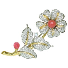 Conch Pearl and Diamond Flower Brooch Set in 18 Karat White Yellow Gold