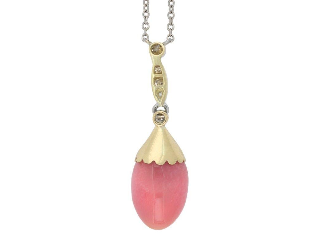 Conch pearl and diamond necklace. Set with an oval natural conch pearl, approximately 7.3 x 9.0 mm, suspended from five round old cut diamonds in open back grain and rubover settings with a combined approximate weight of 0.15 carats, further set
