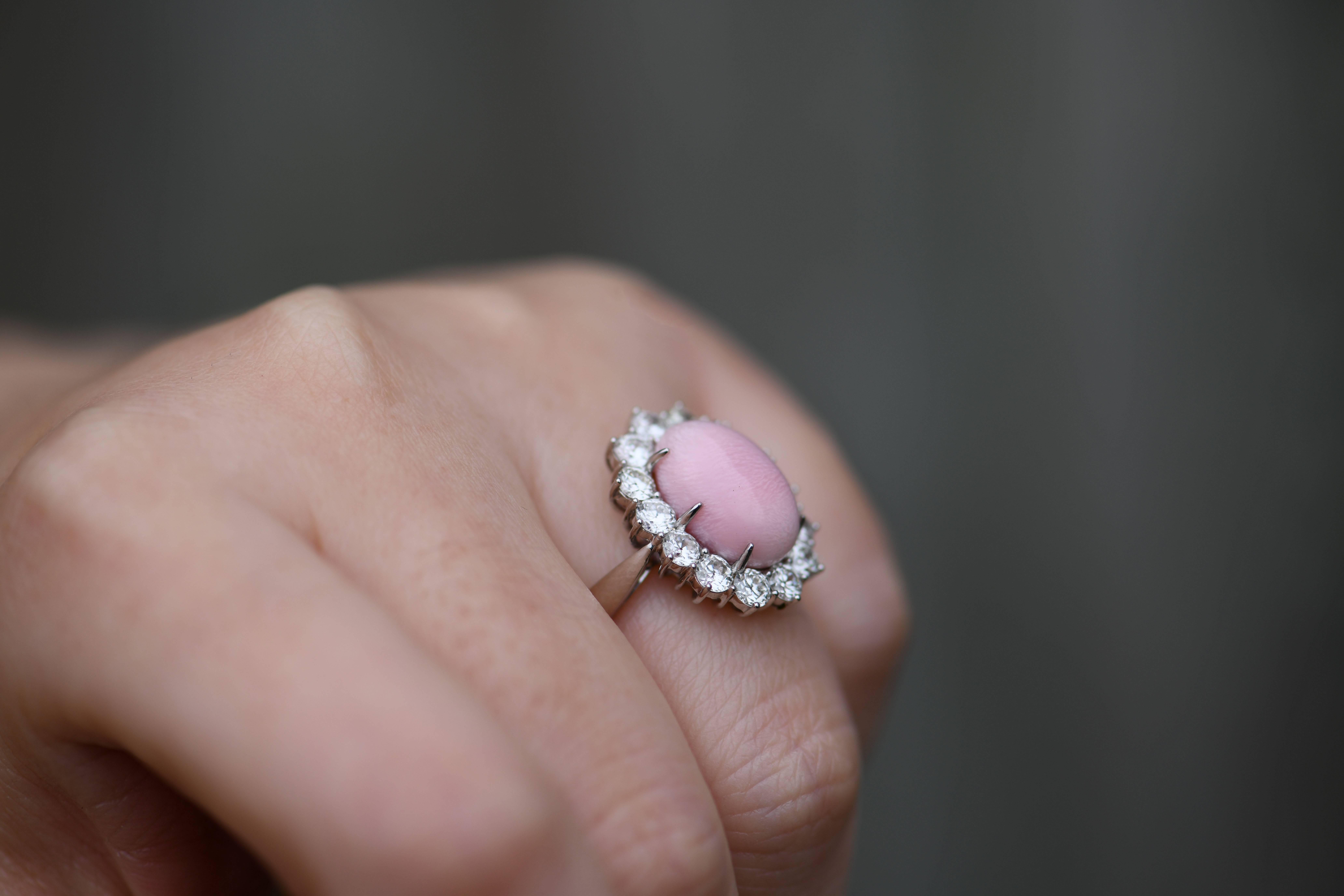 Round Cut Conch Pearl and Diamond White Gold Cluster Ring