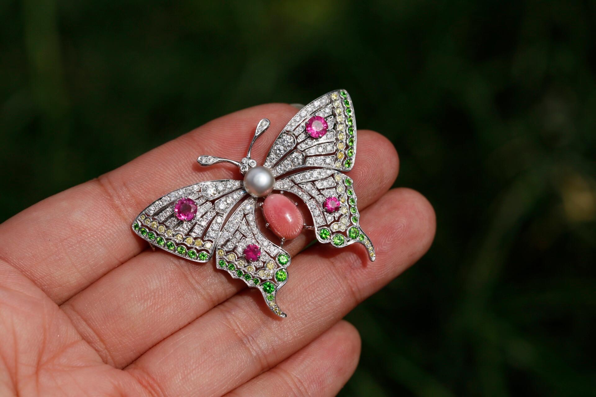 Women's Conch Pearl, Demantoid Garnet, Ruby and Diamond 18 Karat Butterfly Brooch