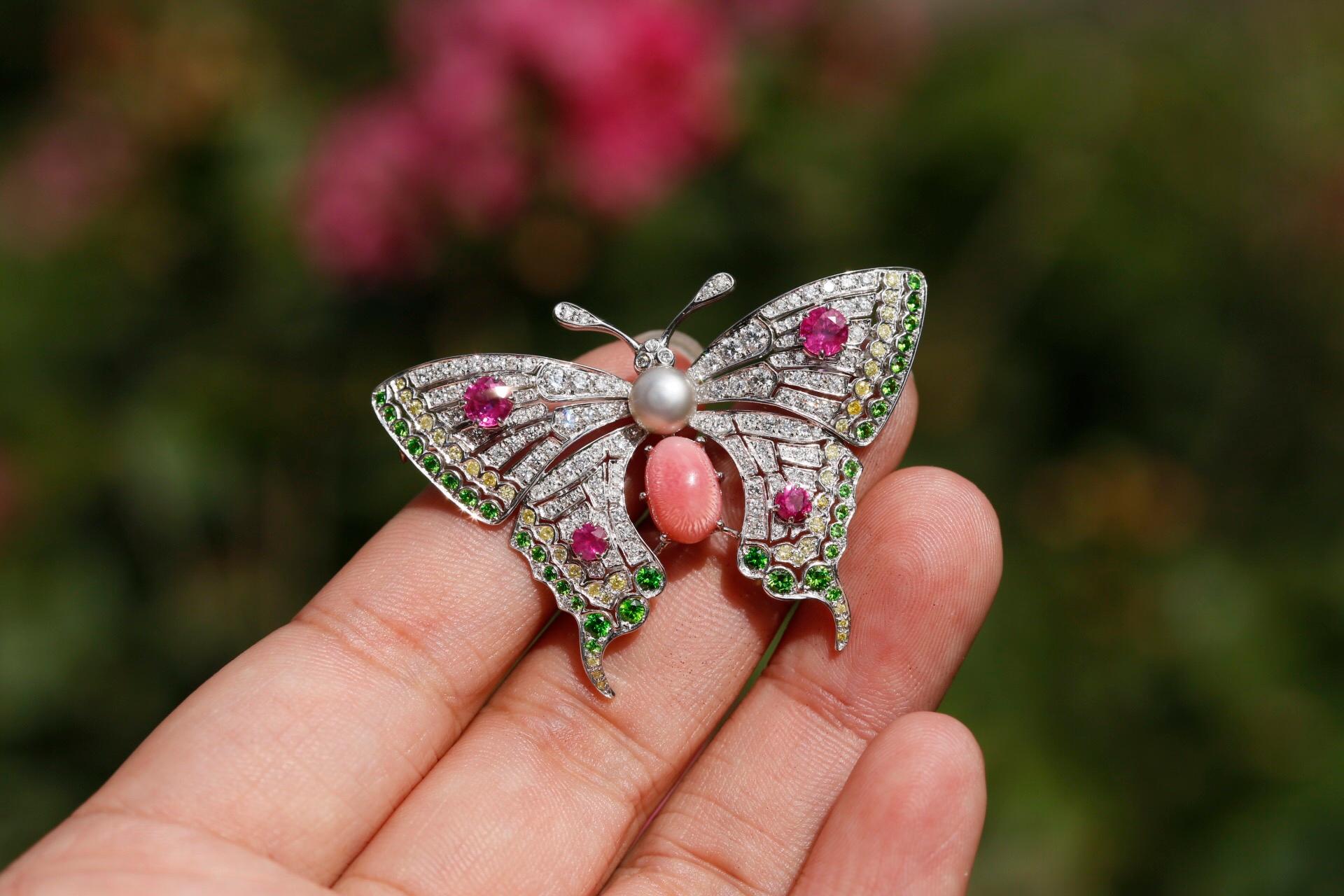 Conch Pearl, Demantoid Garnet, Ruby and Diamond 18 Karat Butterfly Brooch 1