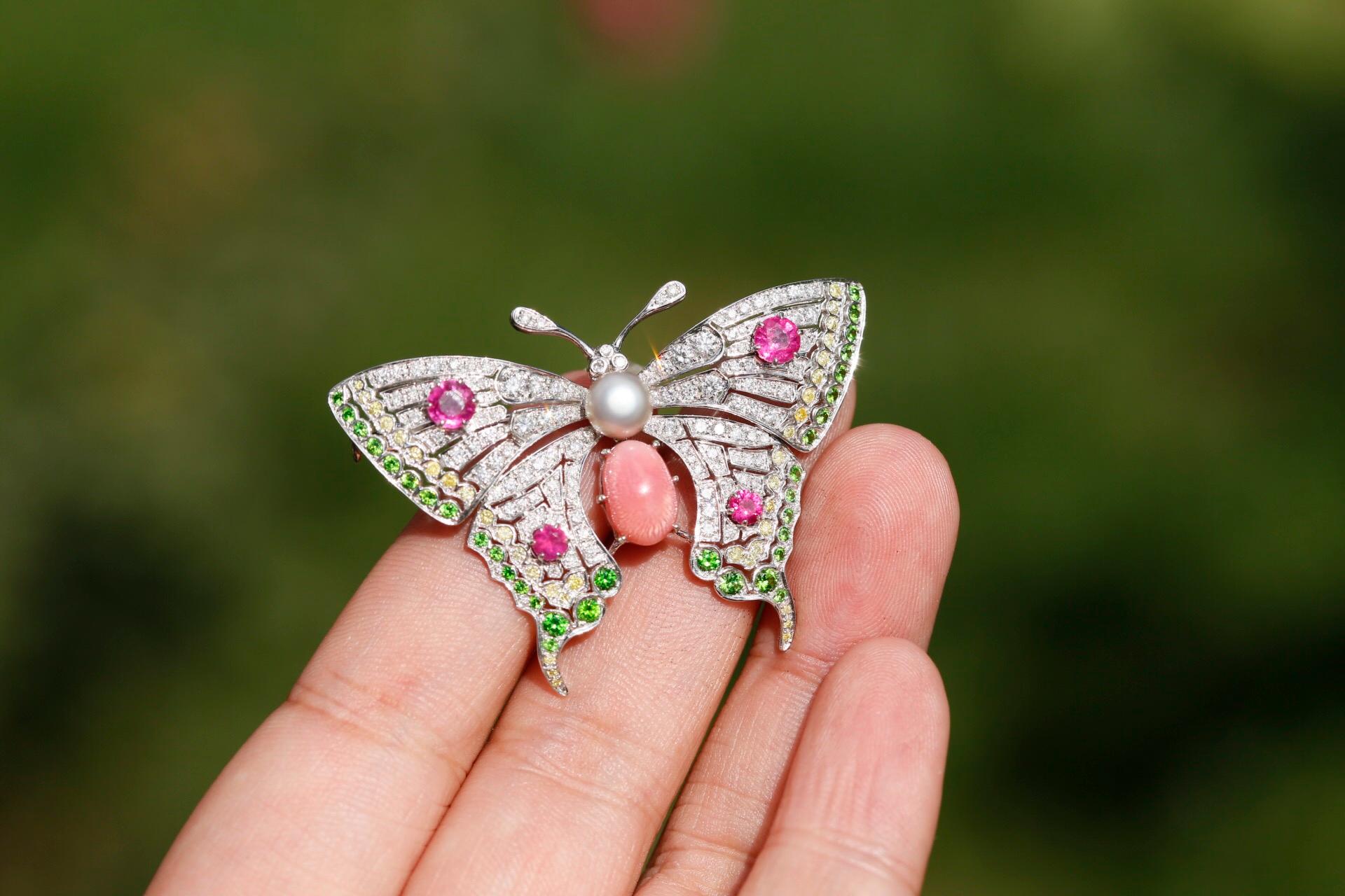 Conch Pearl, Demantoid Garnet, Ruby and Diamond 18 Karat Butterfly Brooch 2