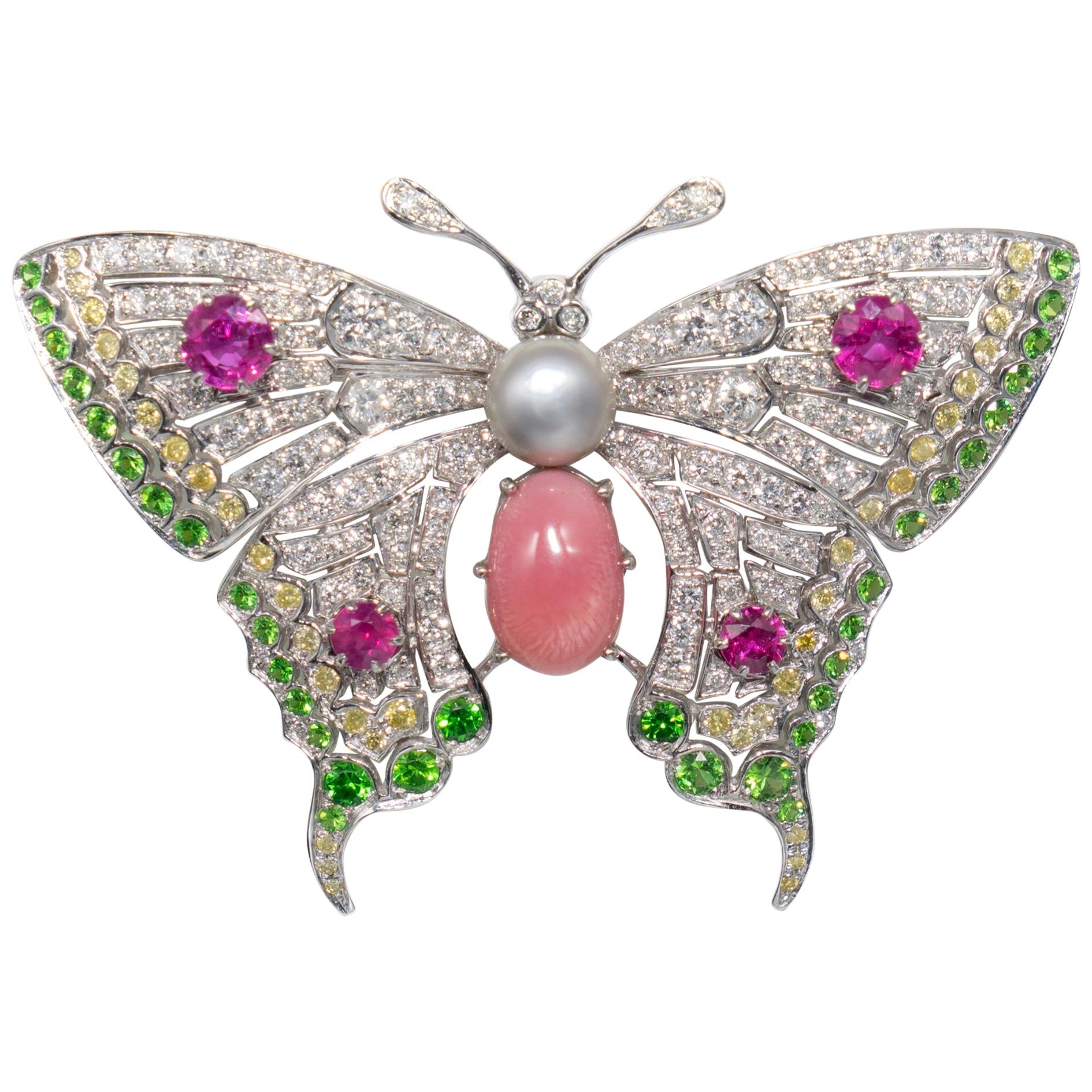 Conch Pearl, Demantoid Garnet, Ruby and Diamond 18 Karat Butterfly Brooch