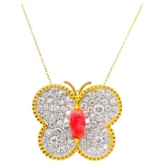 Conch Pearl Diamond 18k Yellow Gold Butterfly Pendant Necklace