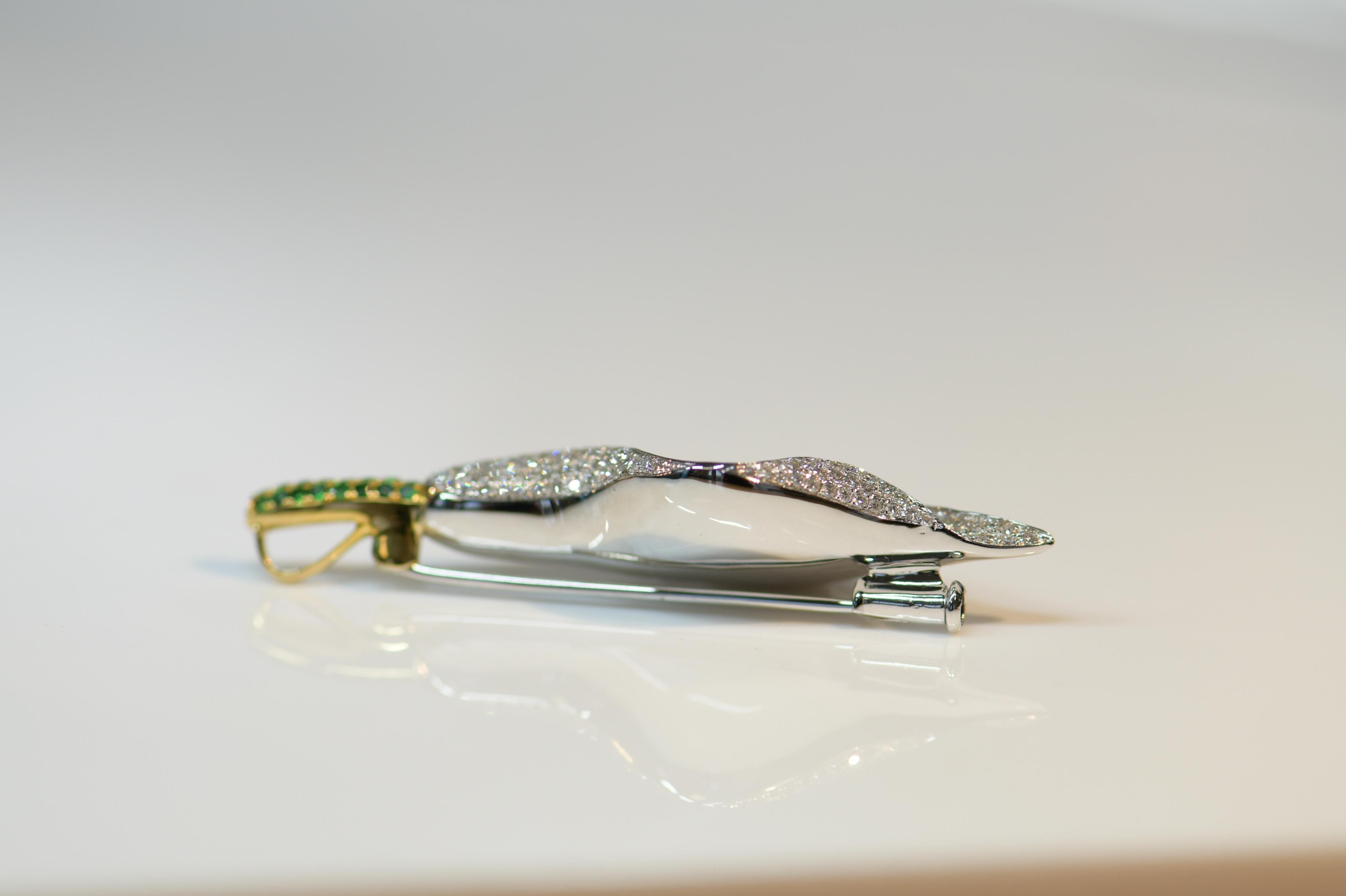 Round Cut Conch Pearl Diamond Tsavorite Brooch Pendant For Sale