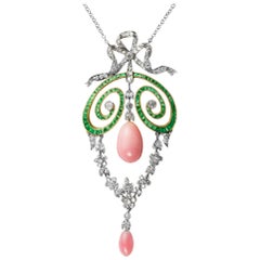 Antique Conch Pearl, Emerald and Diamond Pendant Necklace