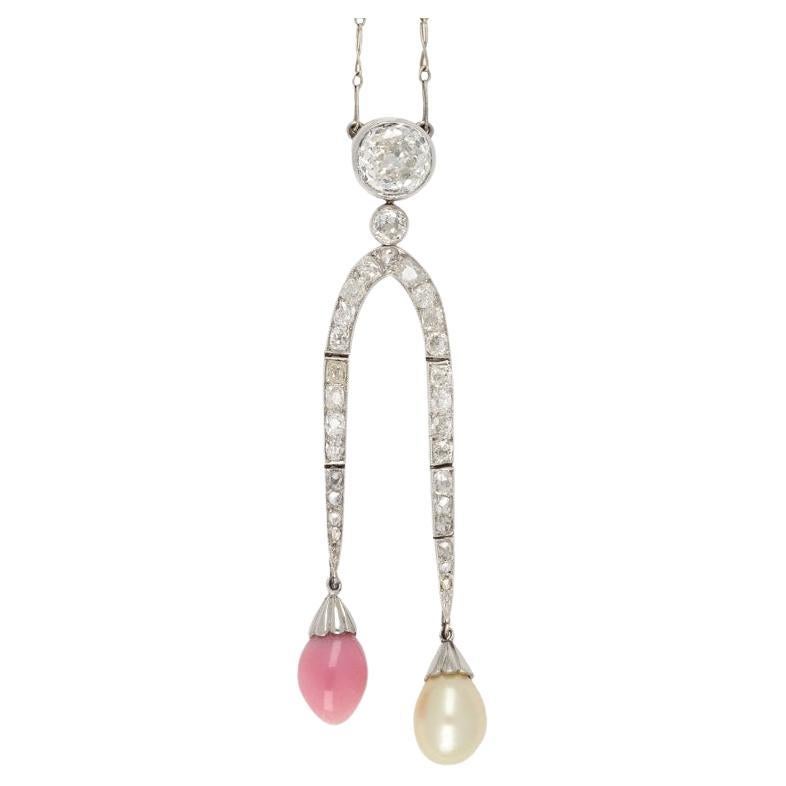 Conch Pearl, Natural Pearl and Diamond Necklace, circa 1920