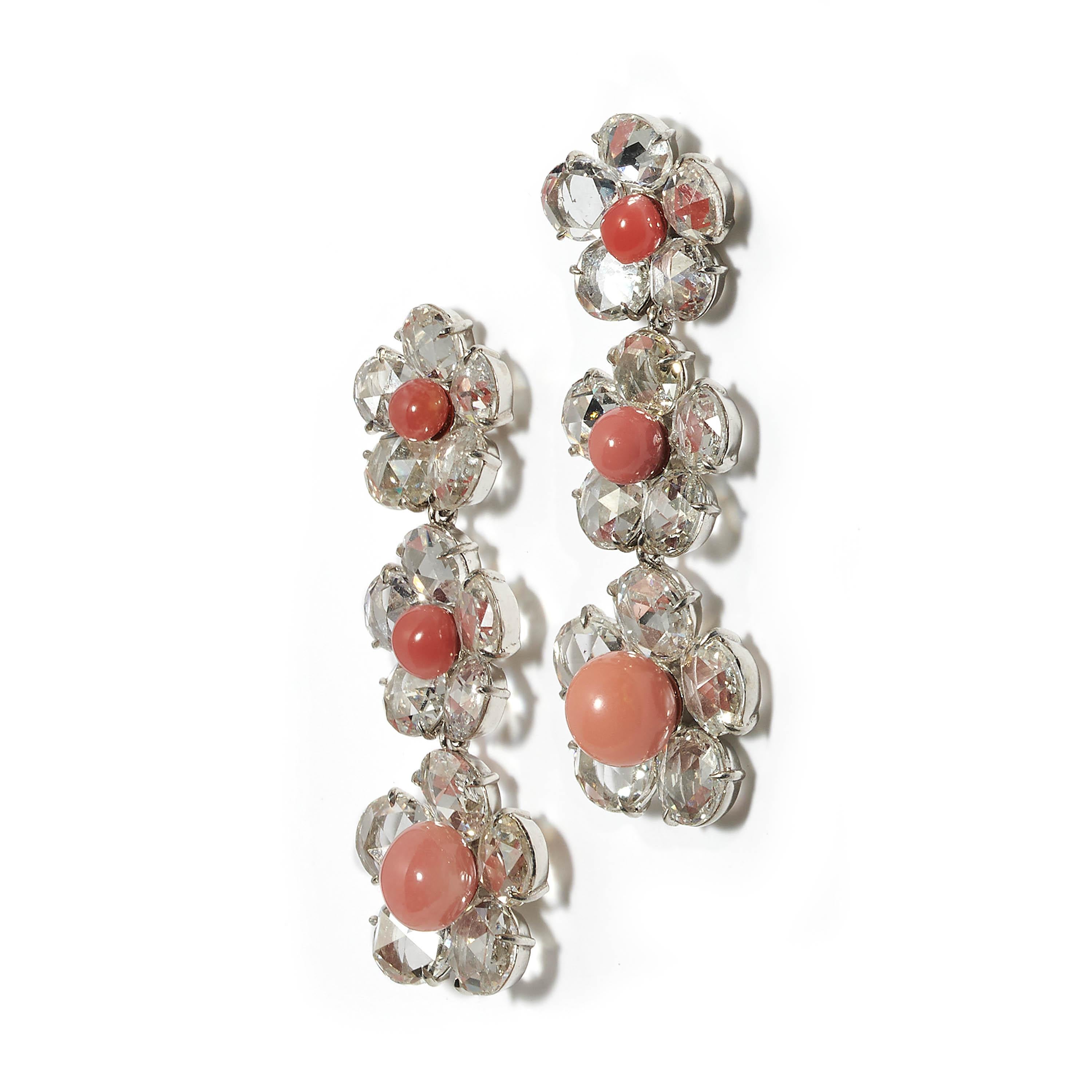 Conch Pearl, Rose Cut Diamond and Platinum Flower Drop Earrings For ...