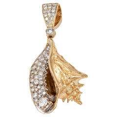 Conch Shell Diamond Pendant Vintage 14k Yellow Gold Ocean Marine Jewelry