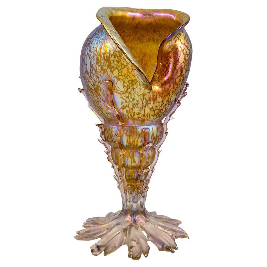 Conch Shell Glass Vase Iridescent Handmade Loetz Austria Jugendstil, circa 1900 For Sale