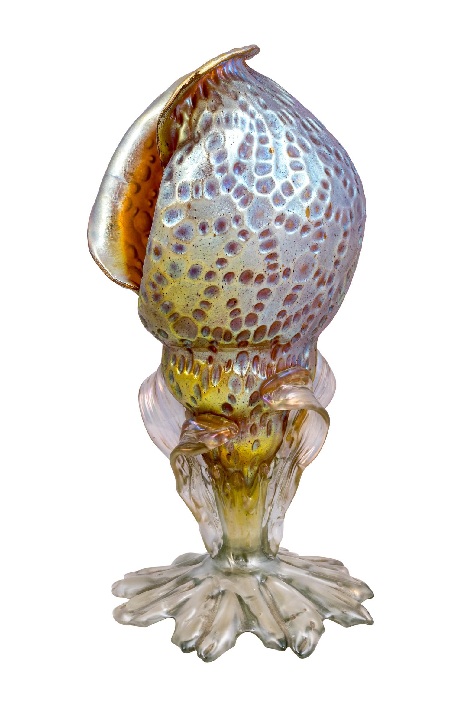 Austrian Conch Shell Glass Vase Iridescent Handmade Loetz Austria Jugendstil circa 1902  For Sale