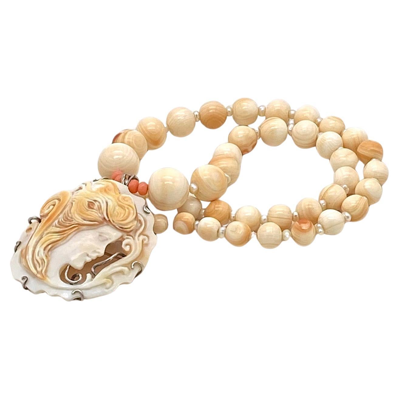 Artisan Conch Shell Necklace with Carved Cameo Pendant