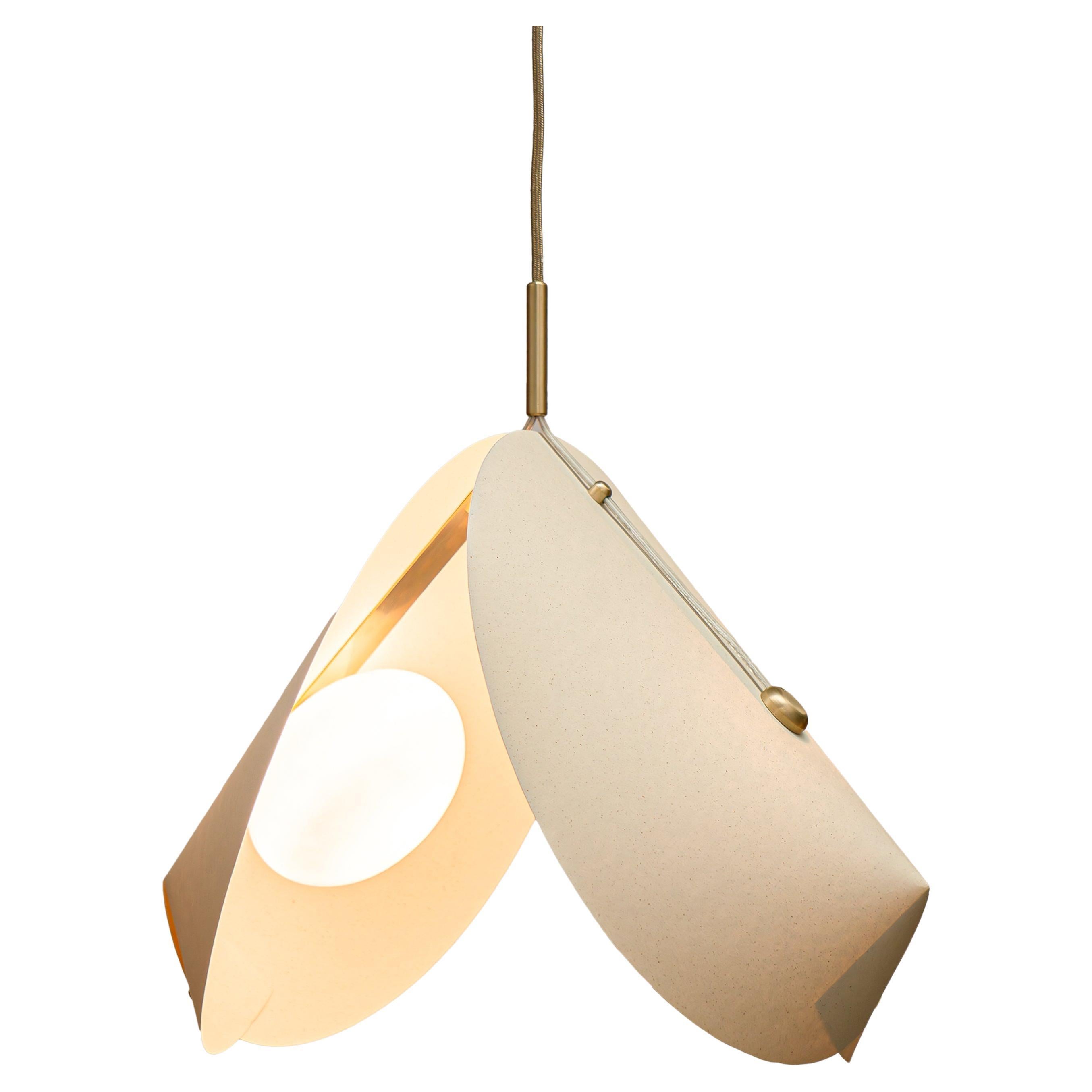 CONCHA Pendant Light Model 03 Large - Vanilla Flecked Paper, Brass & Opal Glass For Sale