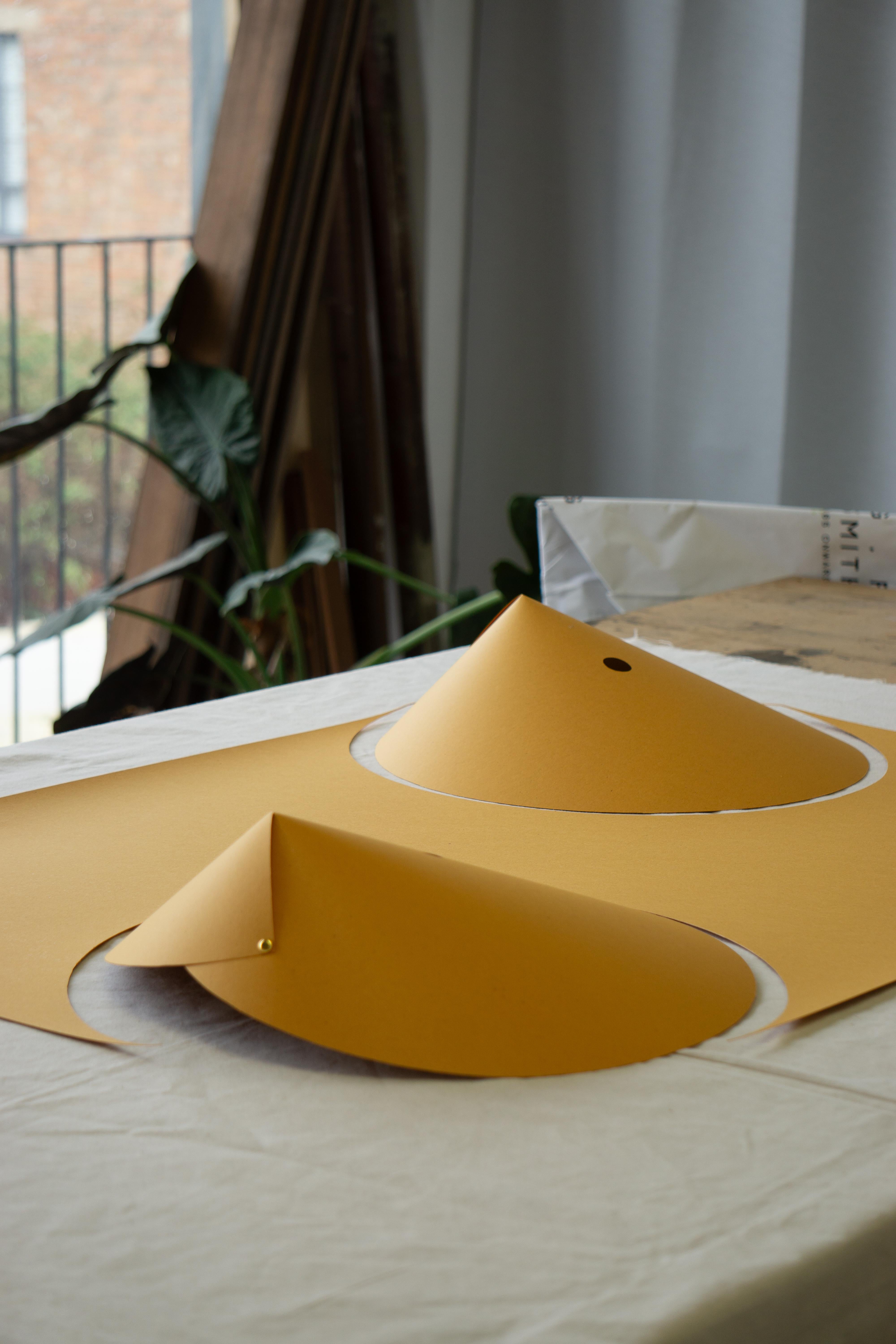Organic Modern CONCHA Pendant Model 03 Large - Ochre Flecked Paper, Brass & Opal Glass For Sale