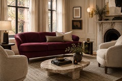 Divano "Concha" in velluto mohair prugna e legno duro, Joaquim Tenreiro, Brasile, anni '60