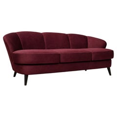 Divano "Concha" in velluto mohair prugna e legno duro, Joaquim Tenreiro, Brasile, anni '60