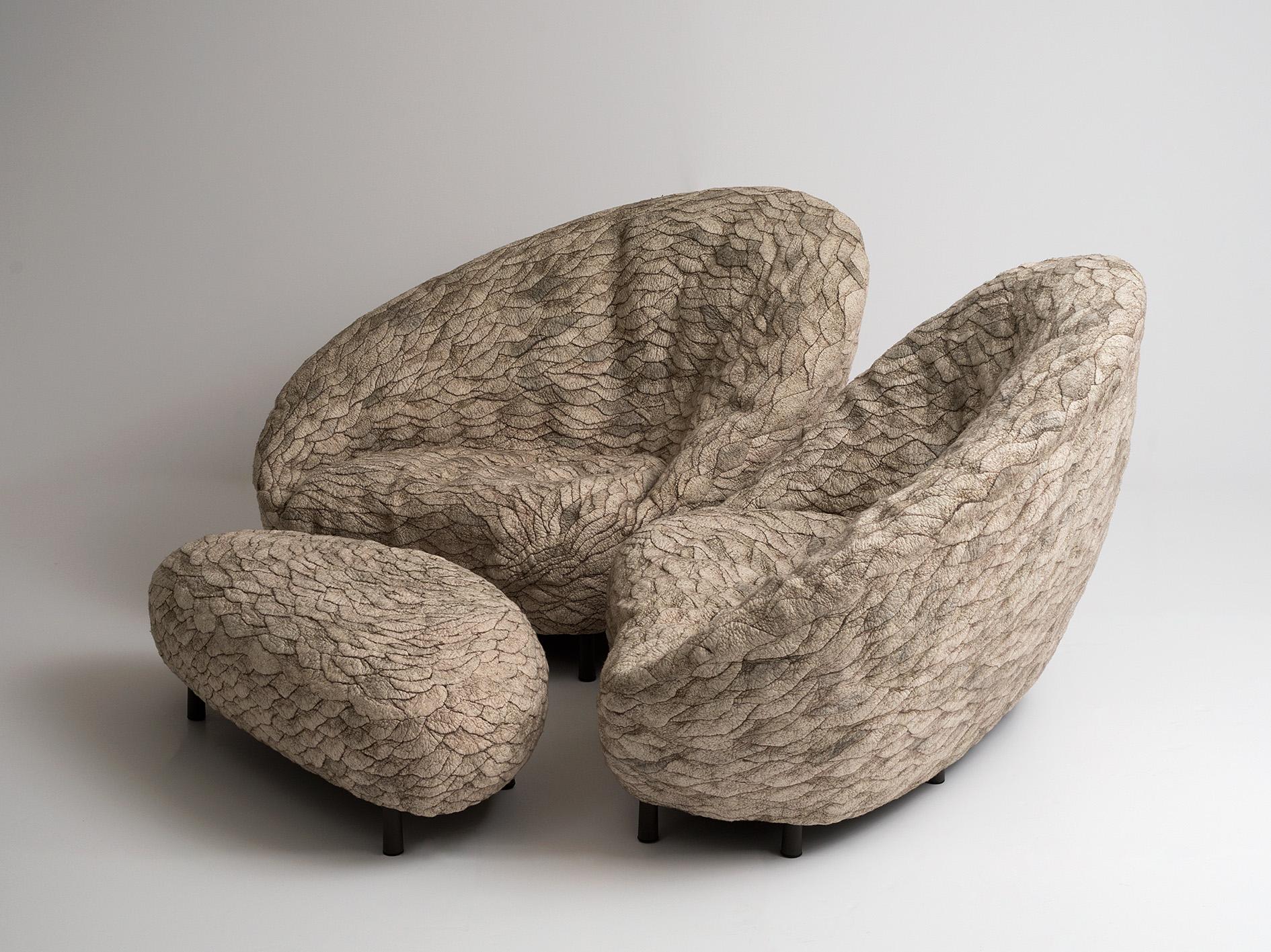 Rapa Series consists of pieces felted by hand, recalling ancient textiles. Utilizing wool and silk, these one-of-a-kind fiber art pieces are softly molded over organic sculptural structures, which are both artistic and comfortable.

Three pieces in