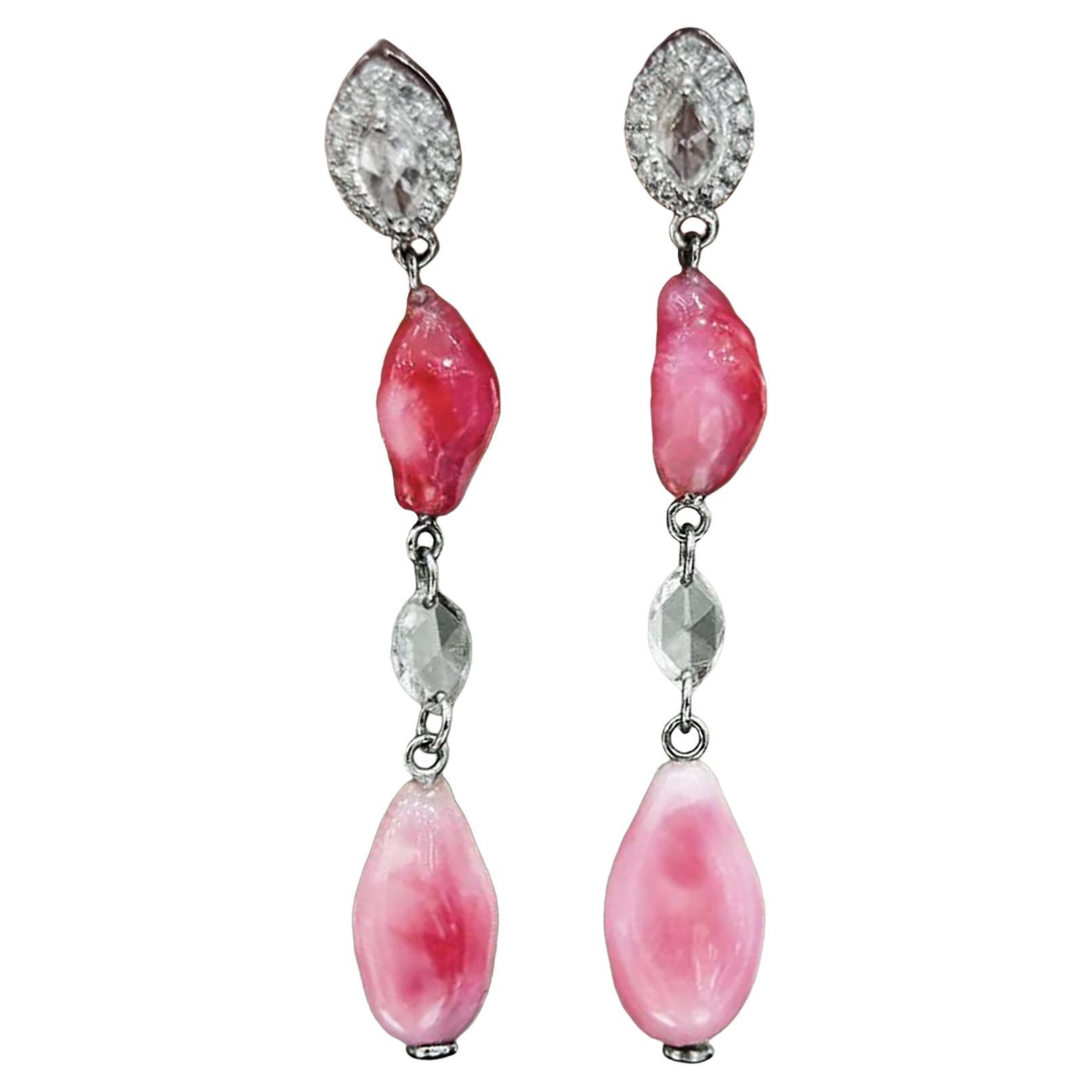 Conchéa】Conch Perle Rosa Flamme Tropfen Ohrringe in 18k Weißgold mit Di - 4.81ct