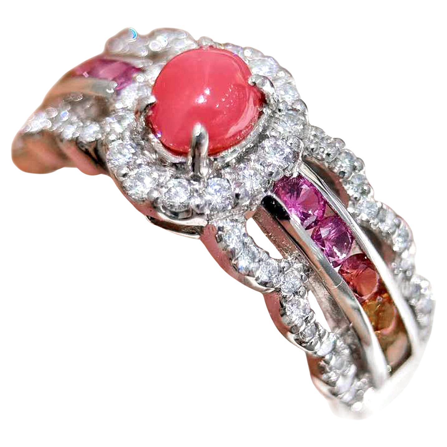 【Conchéa】Conch Pearl Platinum Multicolor Sapphire & Diamond Halo Ring - 0.57ct en vente