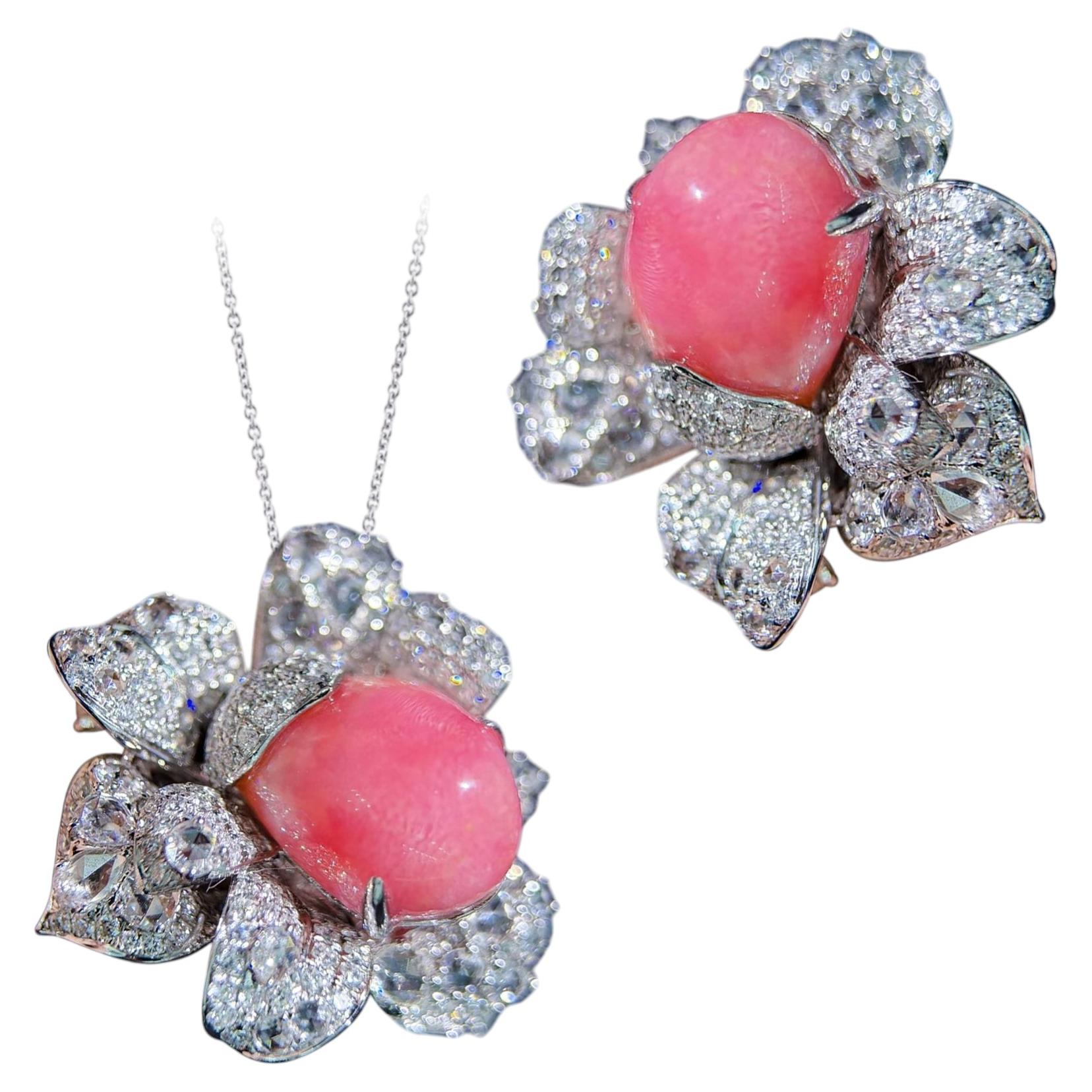 【Conchéa】Convertible Conch Pearl and Diamond Flower Ring / Pendentif / Brooch