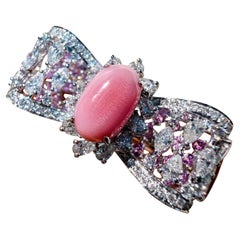 【Conchéa】Flamingo Pink Conch Pearl Bow Ring with Diamonds & Rubies — 1.91 ct