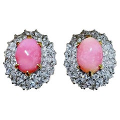 【Conchéa】Flamingo Pink Conch Pearl & Diamond Cluster Earrings — 6.36ct