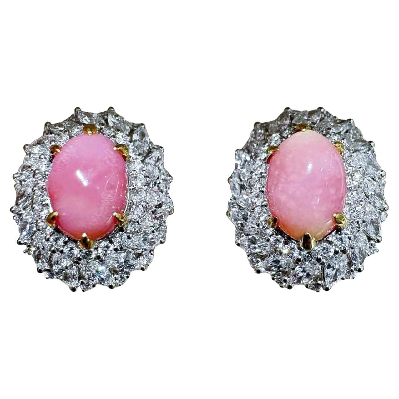 【Conchéa】Flamingo Boucles d
oreilles grappe de perles de conques roses et diamants - 6.36ct