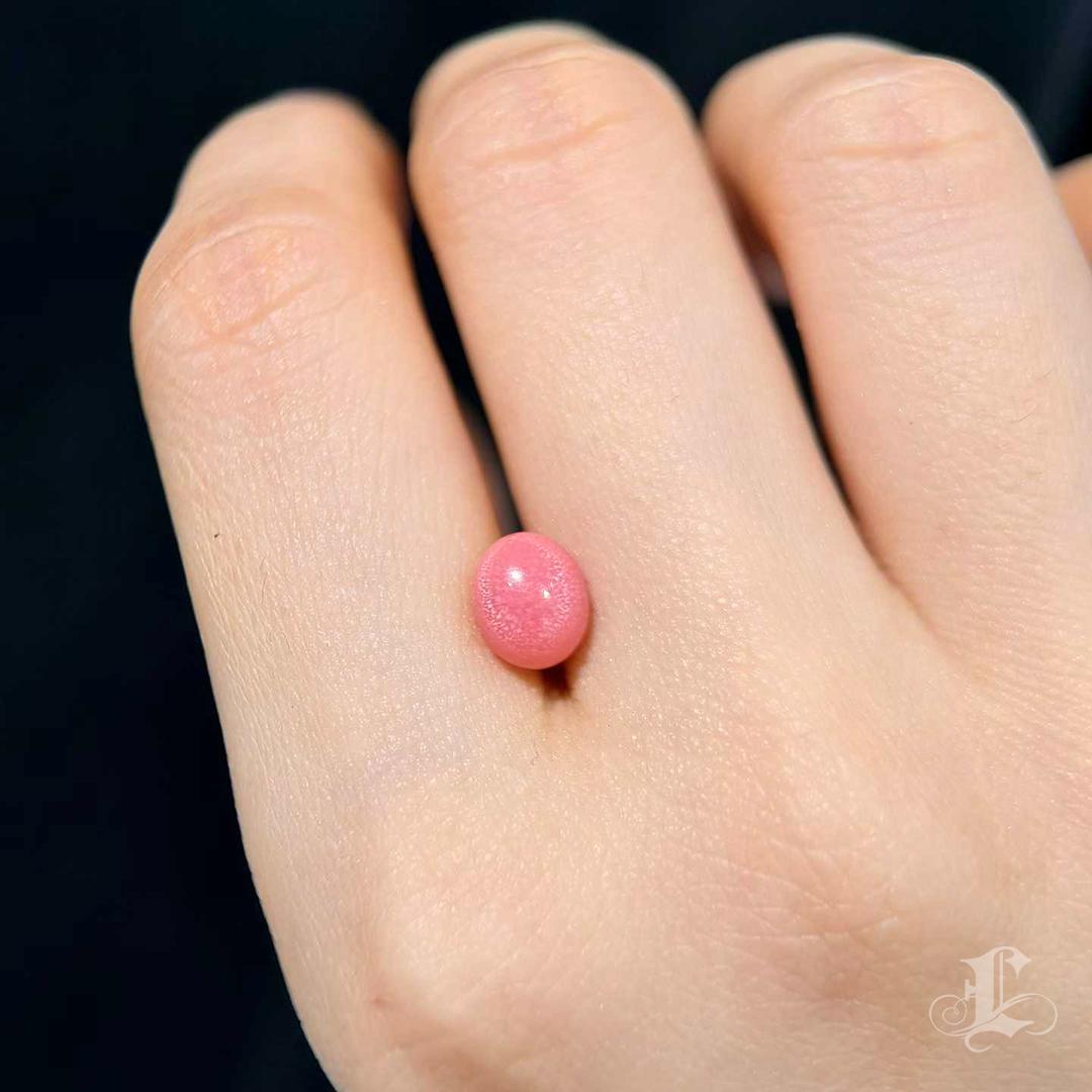 A flawless conch pearl of exceptional rarity, glowing in vivid flamingo pink with a full, unmistakable flame pattern. Its oval form is perfectly balanced, revealing an even, luminous body tone and a silky, porcelain-like surface that reflects pure