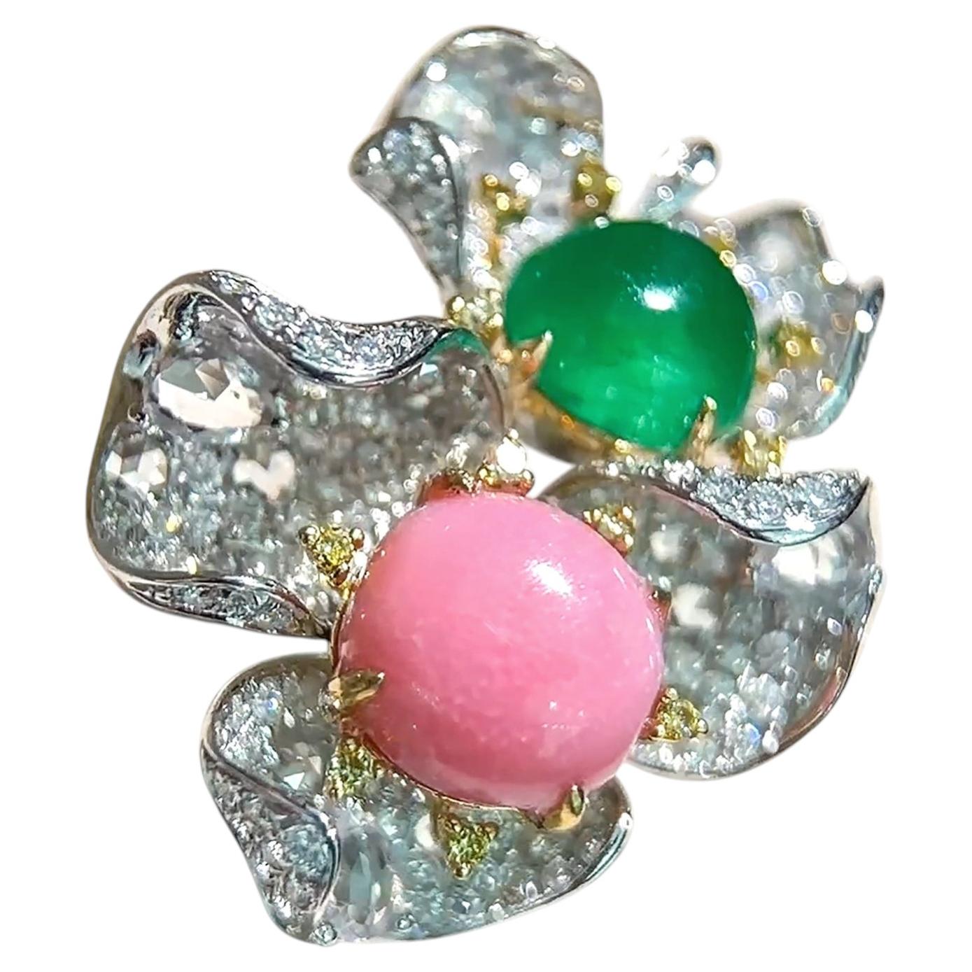 【Conchéa】Imperial Bloom Conch Pearl, Emerald and Diamond Ring — 3.15 ct