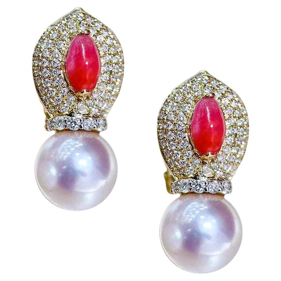 【Conchéa】Mystic Flame Conch Pearl & Akoya Diamond Drop Earrings — 0.97ct