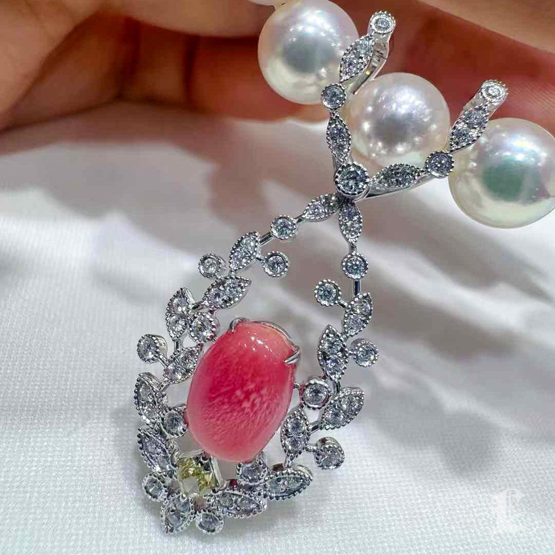 【Conchéa】Perle de conque rose, diamant jaune fantaisie et pendentif diamant - 2.83ct Pour femmes en vente