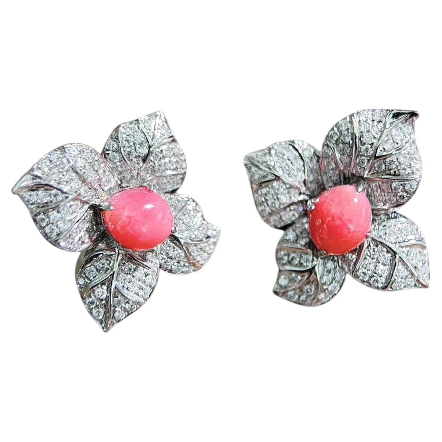 【Conchéa】Spring Bloom Flame Pink Conch Pearl Diamond Earrings — 1.86 ct
