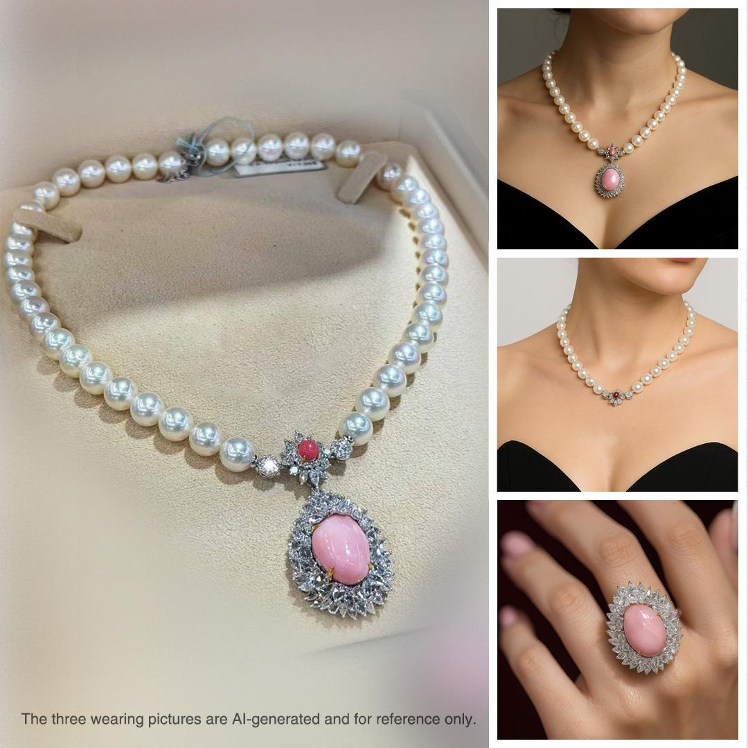 This ultra-rare high jewelry masterpiece showcases a 17.89-carat natural conch pearl of gentle flame pink hue, displaying partial flame pattern and exceptional luster — a specimen seldom seen above 15 carats, and nearly unheard of in wearable form.