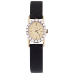 Concord 14 Karat Gold Quartz Watch with Diamond Bezel and Leather Band