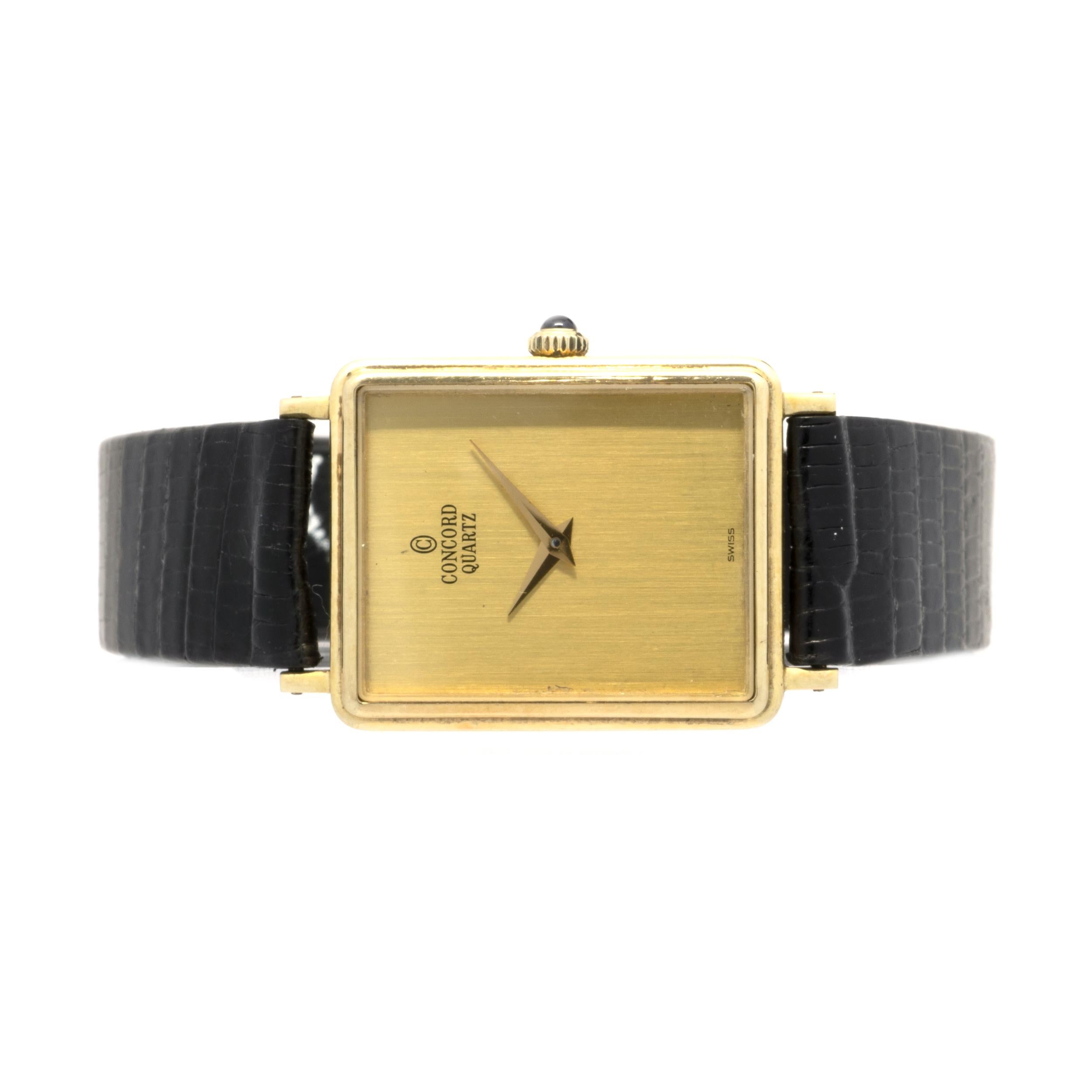 Movement: quartz
Function: hours, minutes
Case: 29 X 23mm 14K yellow gold rectangular case, sapphire crystal, pull/push crown, water resistant
Dial: champagne dial
Band: black lizard strap with buckle
Serial#: 2098XXX 365XXX


No box or papers