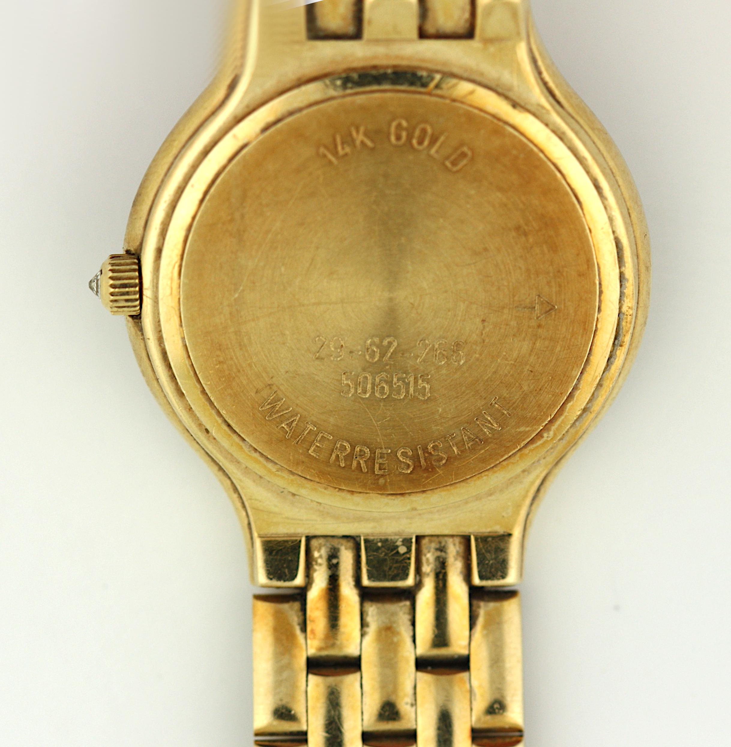 
Concord 14K Yellow Gold Diamond Bezel Wristwatch
Total Weight: 53.5g
Material: 14K Yellow Gold
Bracelet Length: 5 1/2 inches
Features: Diamond bezel, mother-of-pearl dial
catalogue note:
A refined statement of elegance and craftsmanship, this