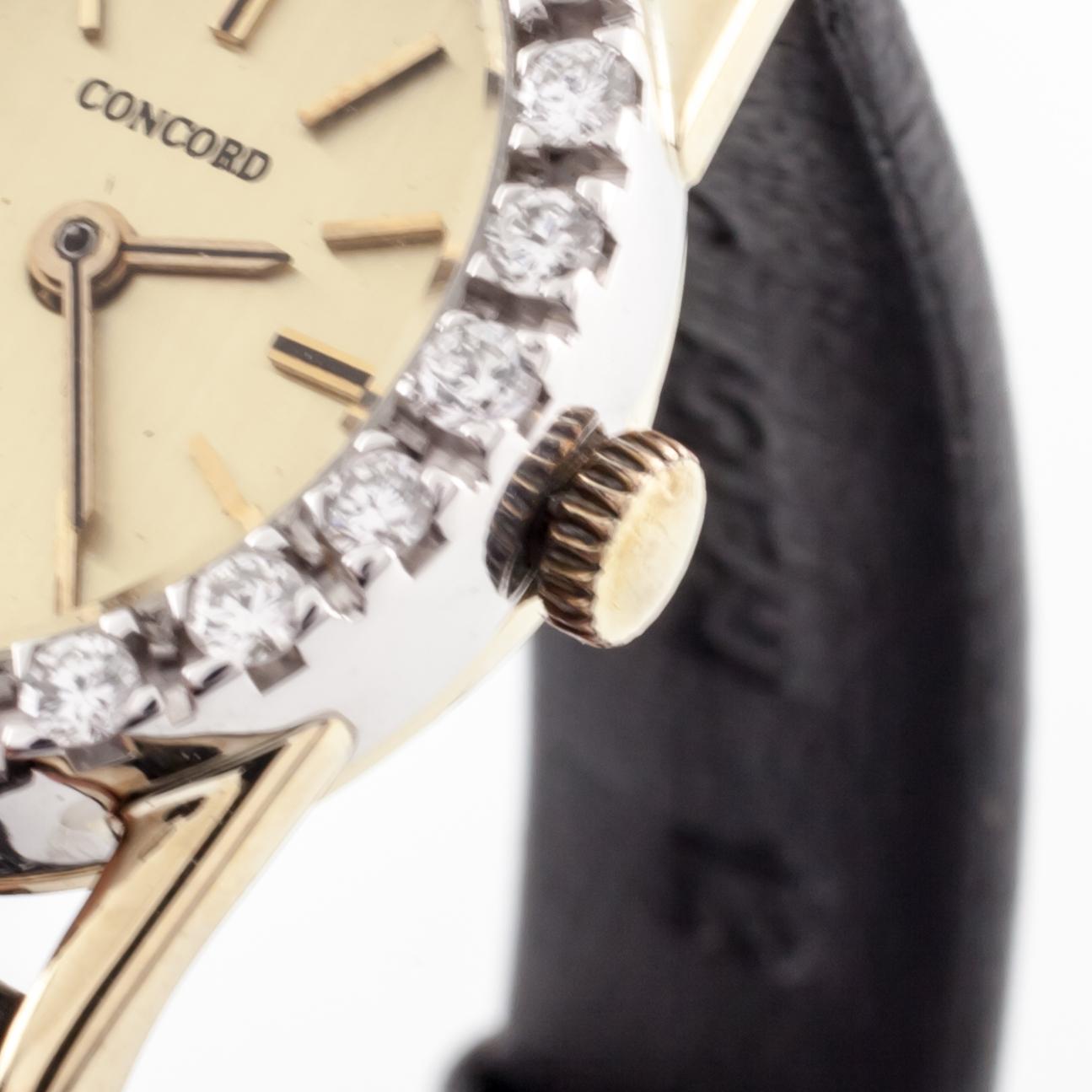 Concord 14 Karat Gold Quartz Watch with Diamond Bezel and Leather Band In Good Condition In Sherman Oaks, CA