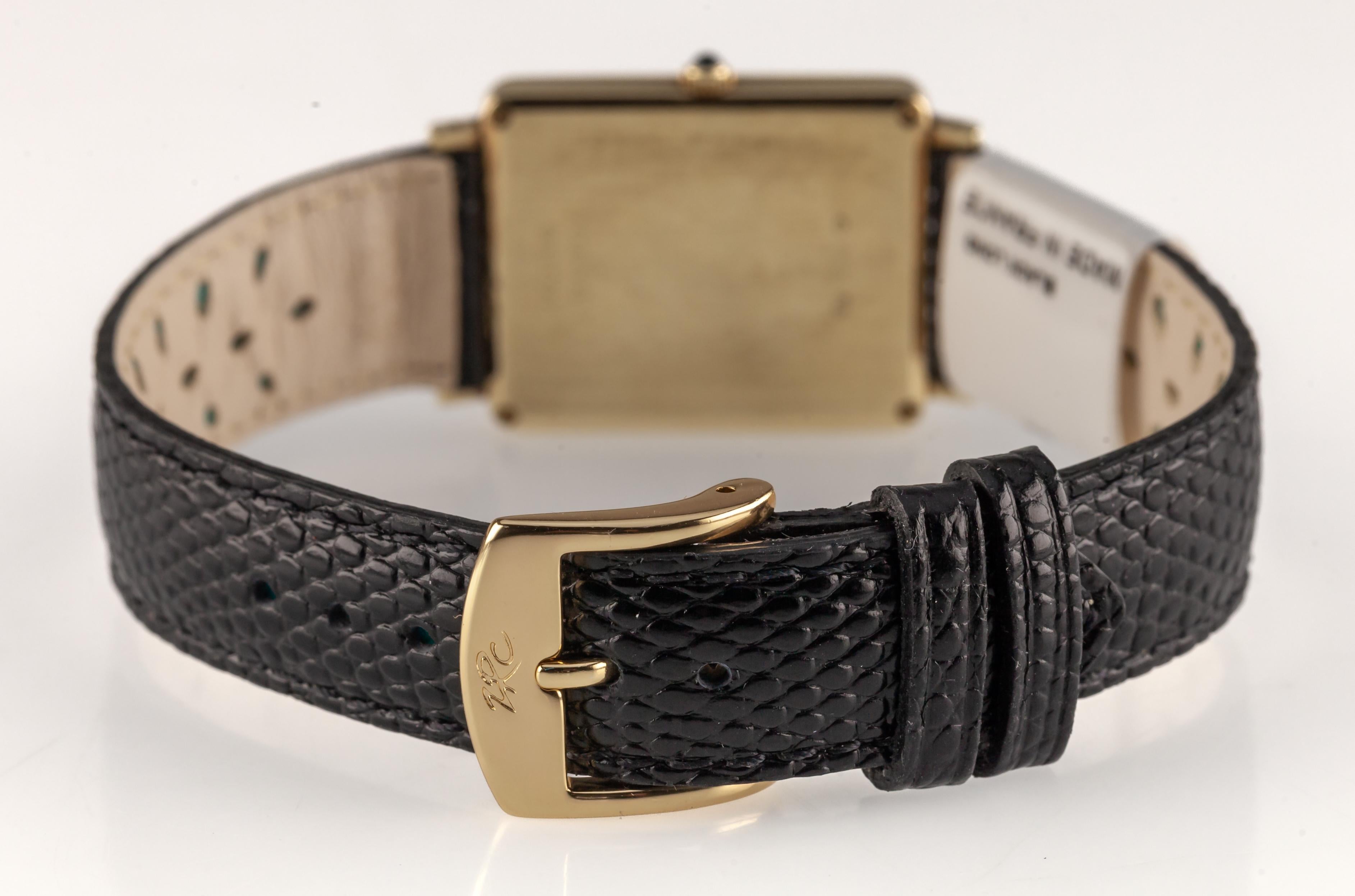 Modern Concord 14k Yellow Gold Moonphase Quartz Tank Watch w/ Leather Strap For Sale