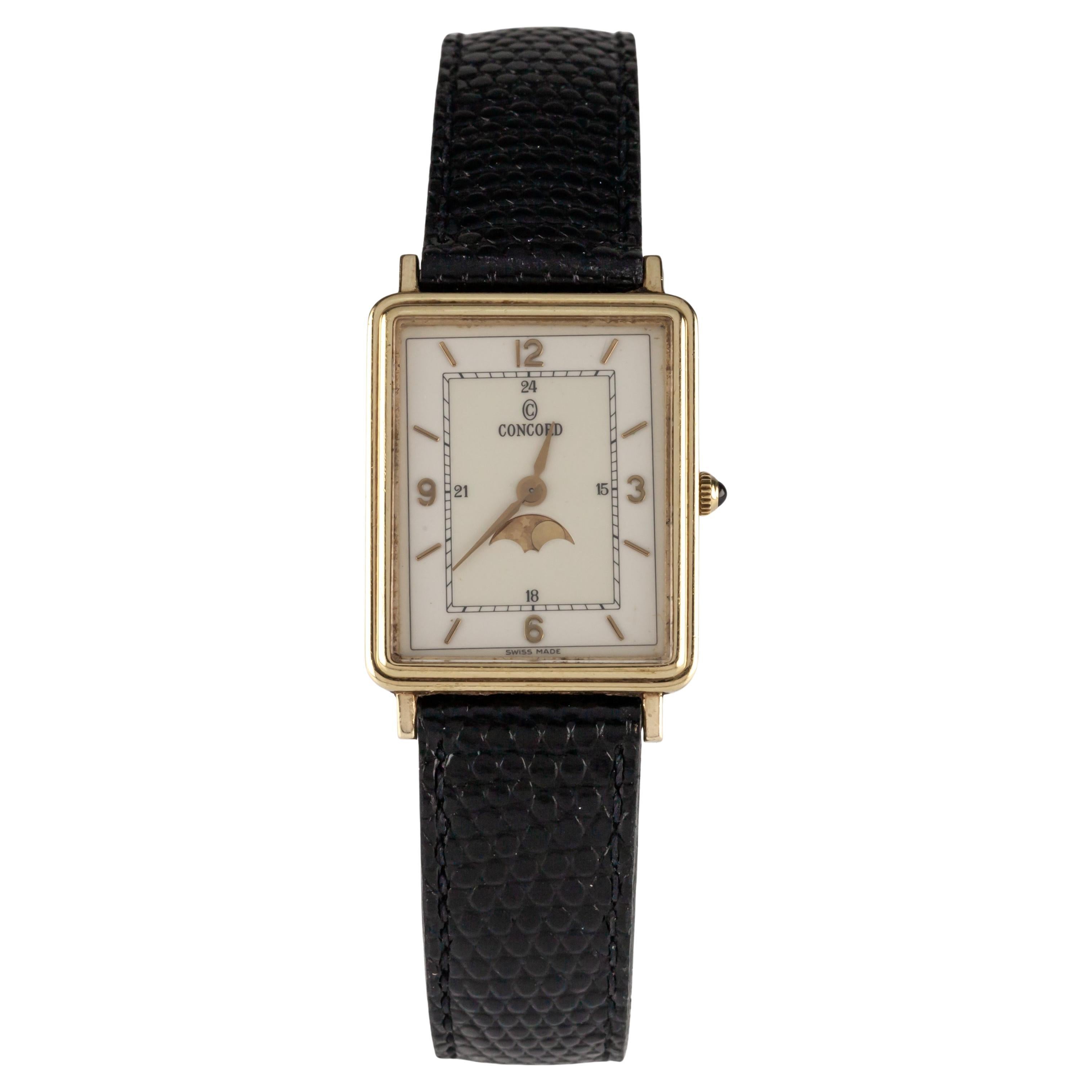 Concord 14k Gelbgold Moonphase Quarz Tank-Uhr mit Lederarmband