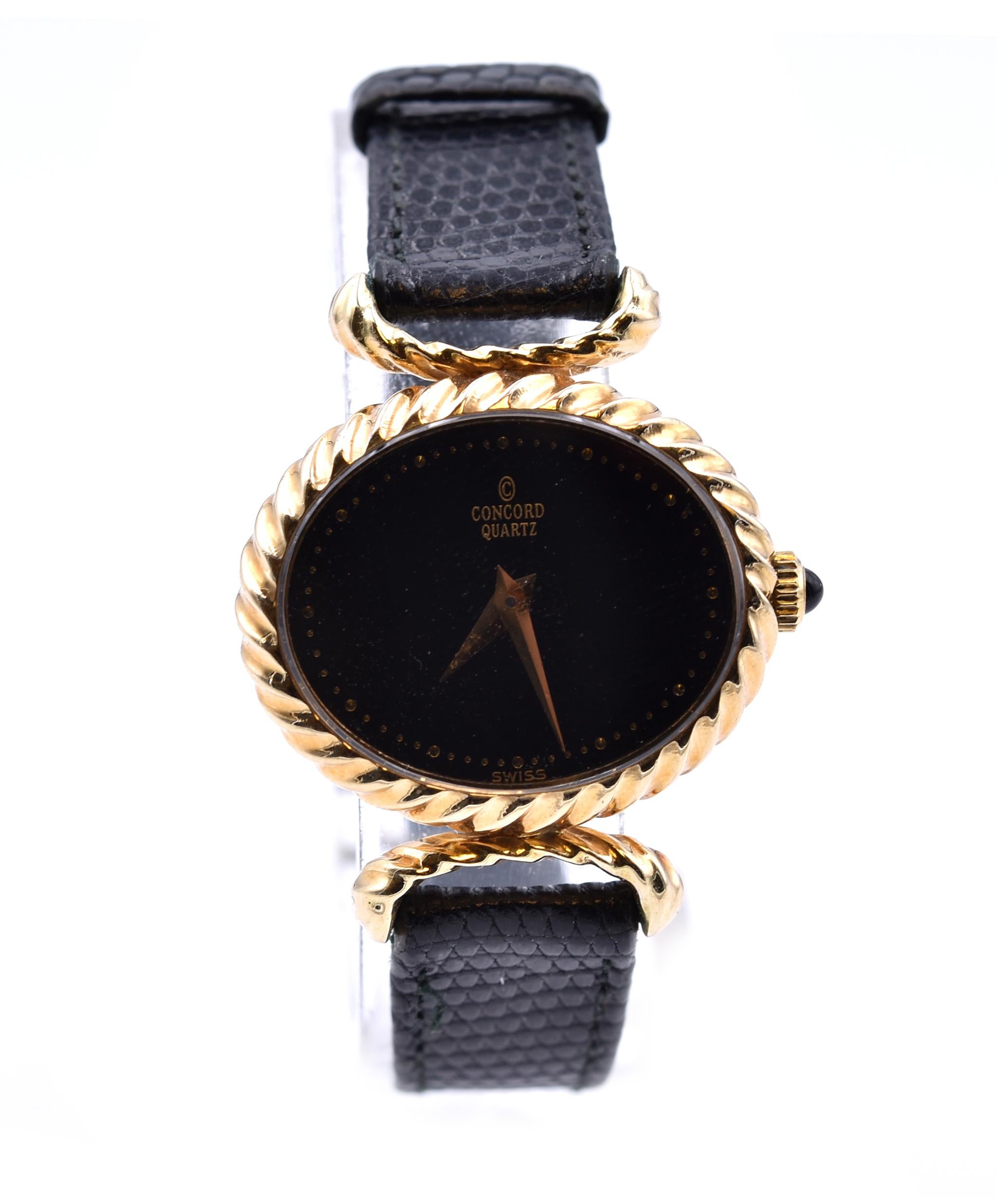 Movement: quartz, 6 jewels
Function: hours, minutes
Case: 25.82mm x 21.80mm oval 14k yellow gold case, sapphire crystal, pull/push crown
Dial: black dial with gold hands, gold dot hour and minute markers
Band: brown alligator band with tang buckle,