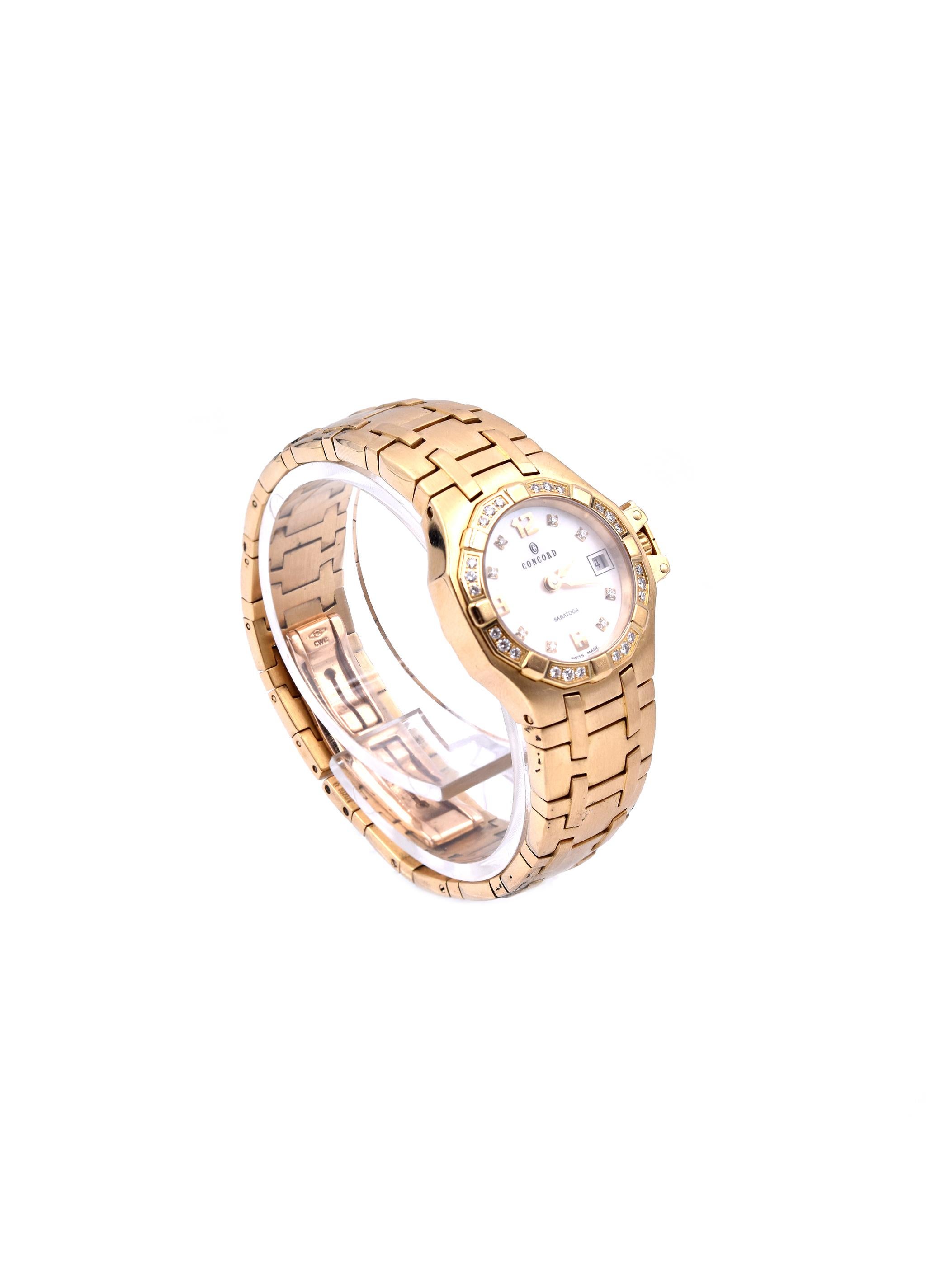 Movement: quartz
Function: hours, minutes, date
Case: 25mm 18K yellow gold round case, sapphire crystal, pull/push crown, water resistant, diamond bezel
Dial: white mother of pearl dial with diamond and arabic numerals
Band: 18k yellow gold bracelet