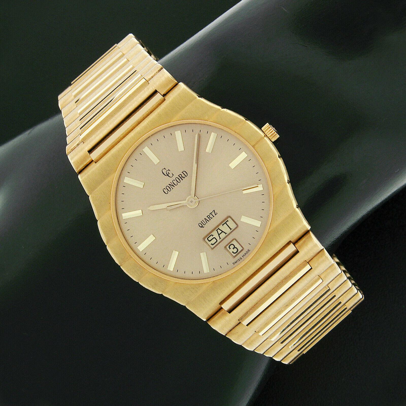 Here we have a classy vintage Concord wrist watch that was crafted in Switzerland from solid 18k yellow gold. This beautiful watch features a Swiss-made, battery powered, quartz movement that is in perfect working condition and keeps accurate time.